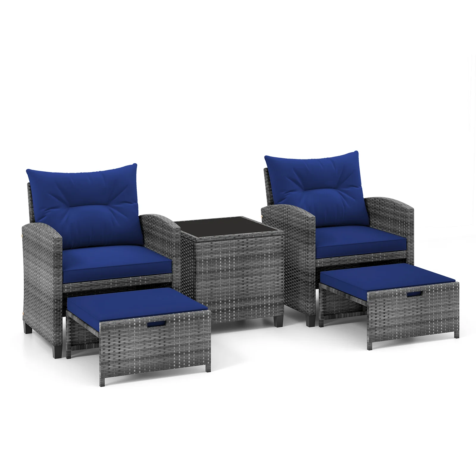 5 Piece Patio Rattan Furniture, 2 Ottomans, Tempered Glass Coffee Table, Navy - Image 5