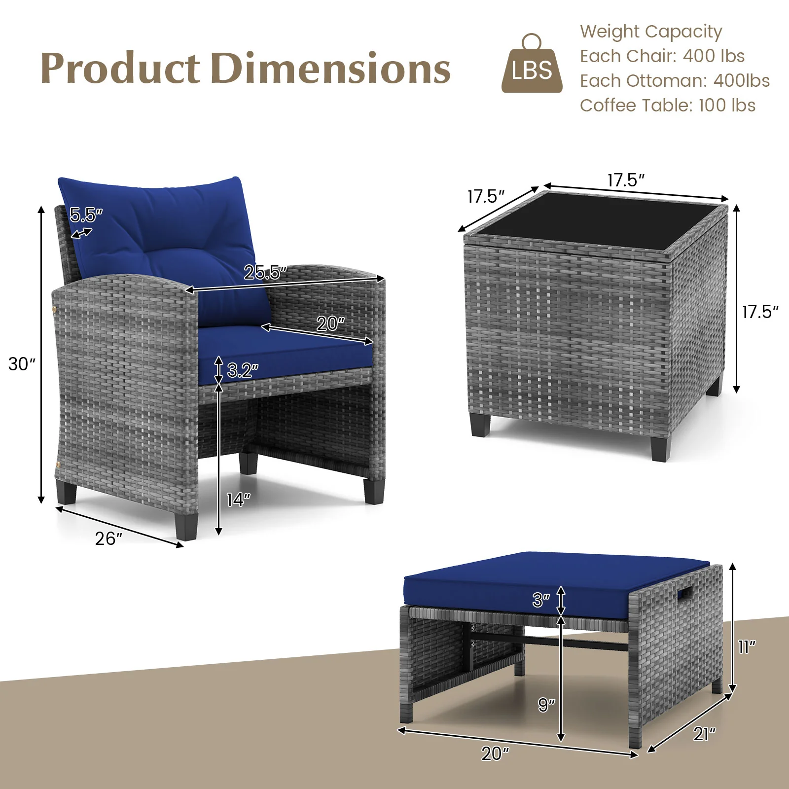 5 Piece Patio Rattan Furniture, 2 Ottomans, Tempered Glass Coffee Table, Navy - Image 6