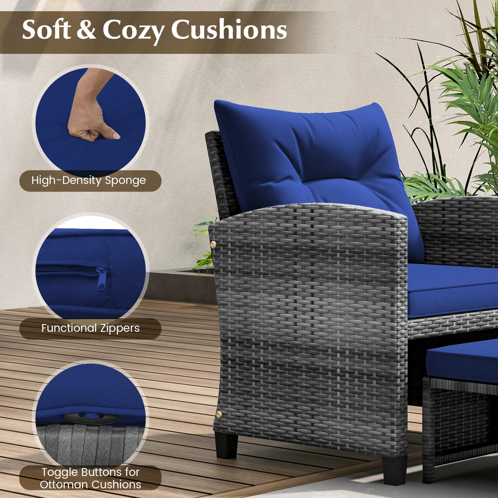 5 Piece Patio Rattan Furniture, 2 Ottomans, Tempered Glass Coffee Table, Navy - Image 7