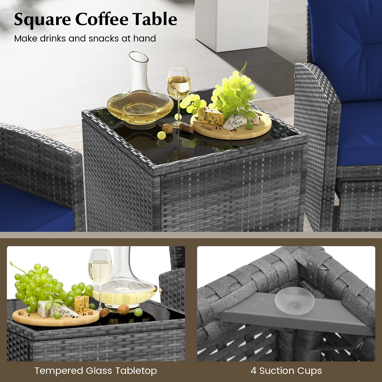 5 Piece Patio Rattan Furniture, 2 Ottomans, Tempered Glass Coffee Table, Navy - Image 8