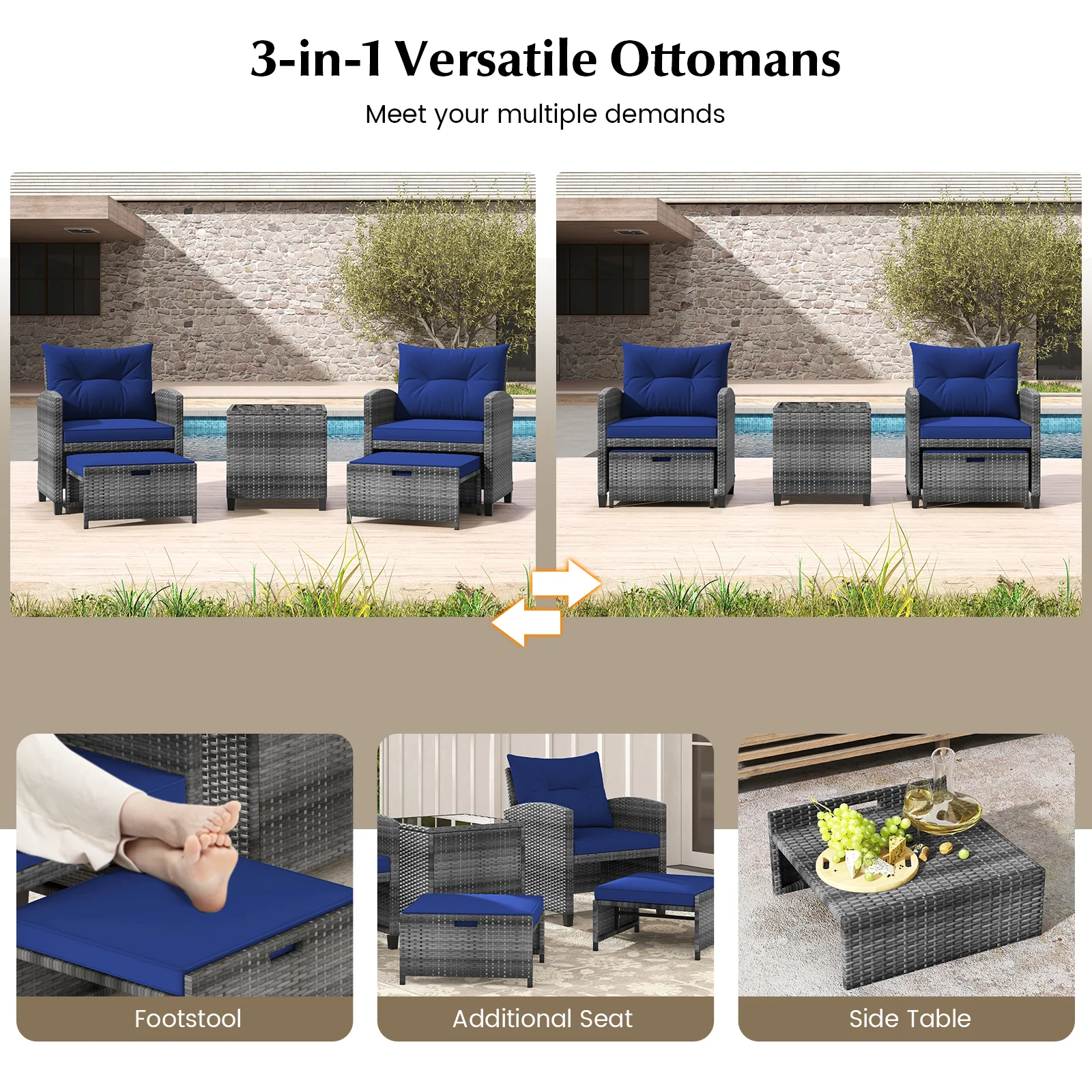 5 Piece Patio Rattan Furniture, 2 Ottomans, Tempered Glass Coffee Table, Navy - Image 9