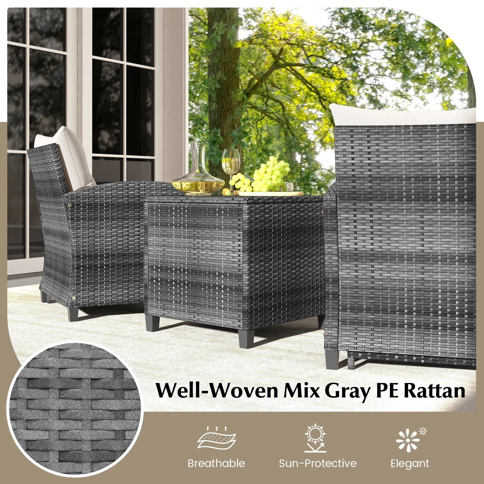 5 Piece Patio Rattan Furniture, 2 Ottomans, Tempered Glass Coffee Table, White - Image 10