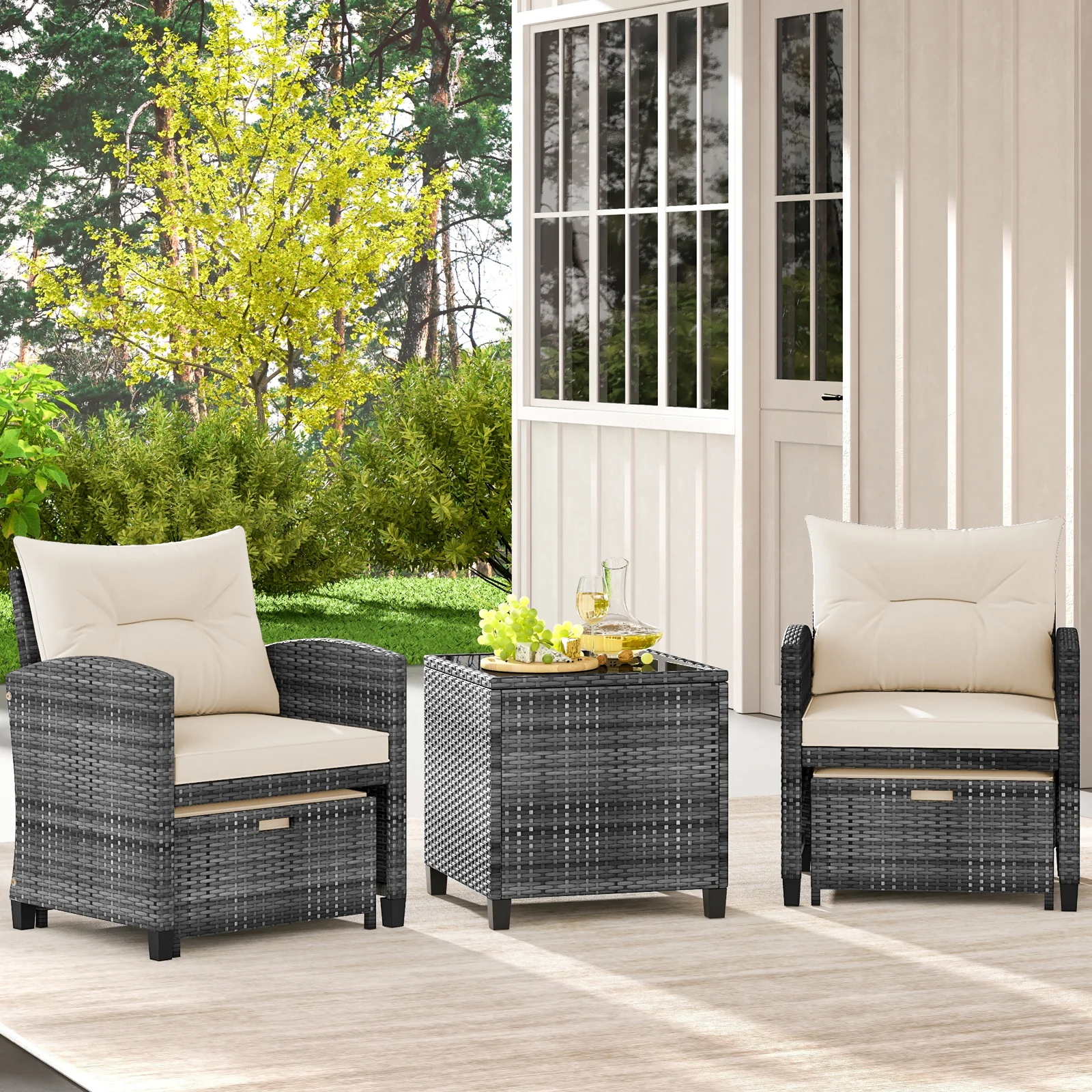 5 Piece Patio Rattan Furniture, 2 Ottomans, Tempered Glass Coffee Table, White - Image 2
