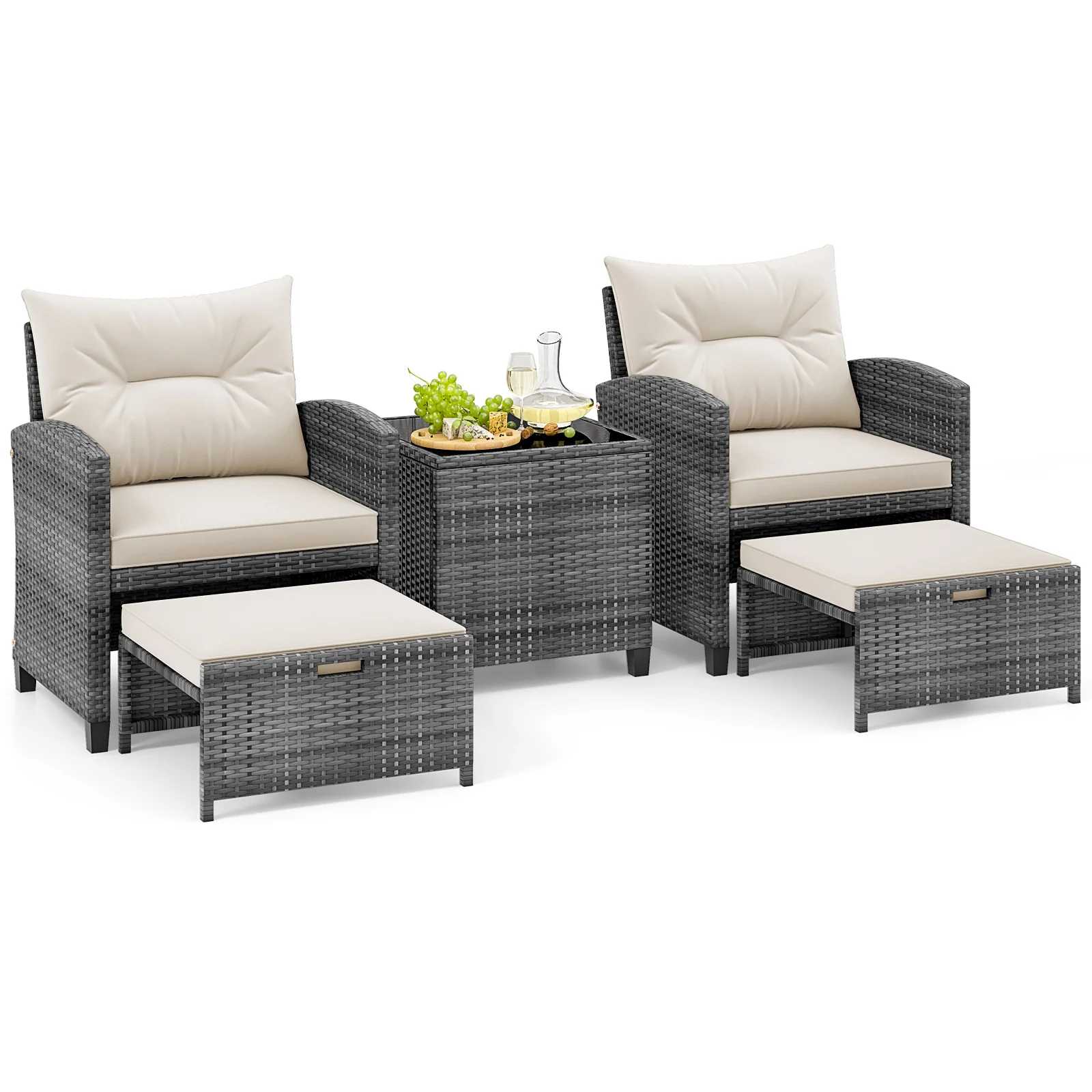 5 Piece Patio Rattan Furniture, 2 Ottomans, Tempered Glass Coffee Table, White - Image 3