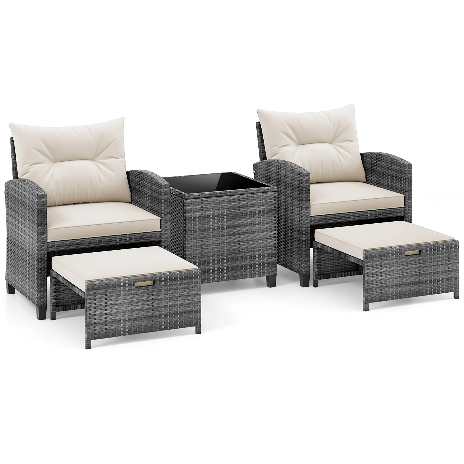 5 Piece Patio Rattan Furniture, 2 Ottomans, Tempered Glass Coffee Table, White - Image 4
