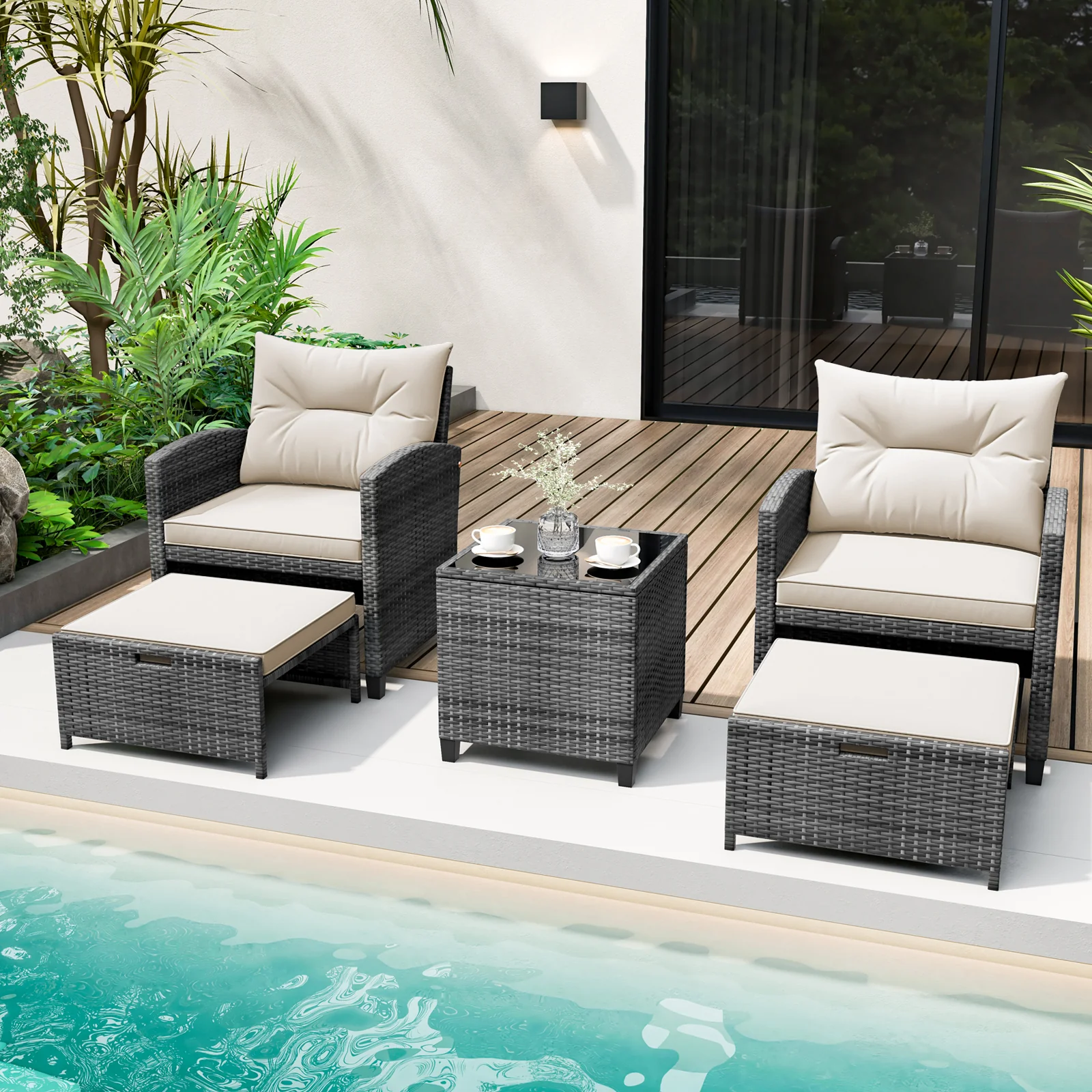 5 Piece Patio Rattan Furniture, 2 Ottomans, Tempered Glass Coffee Table, White - Image 6
