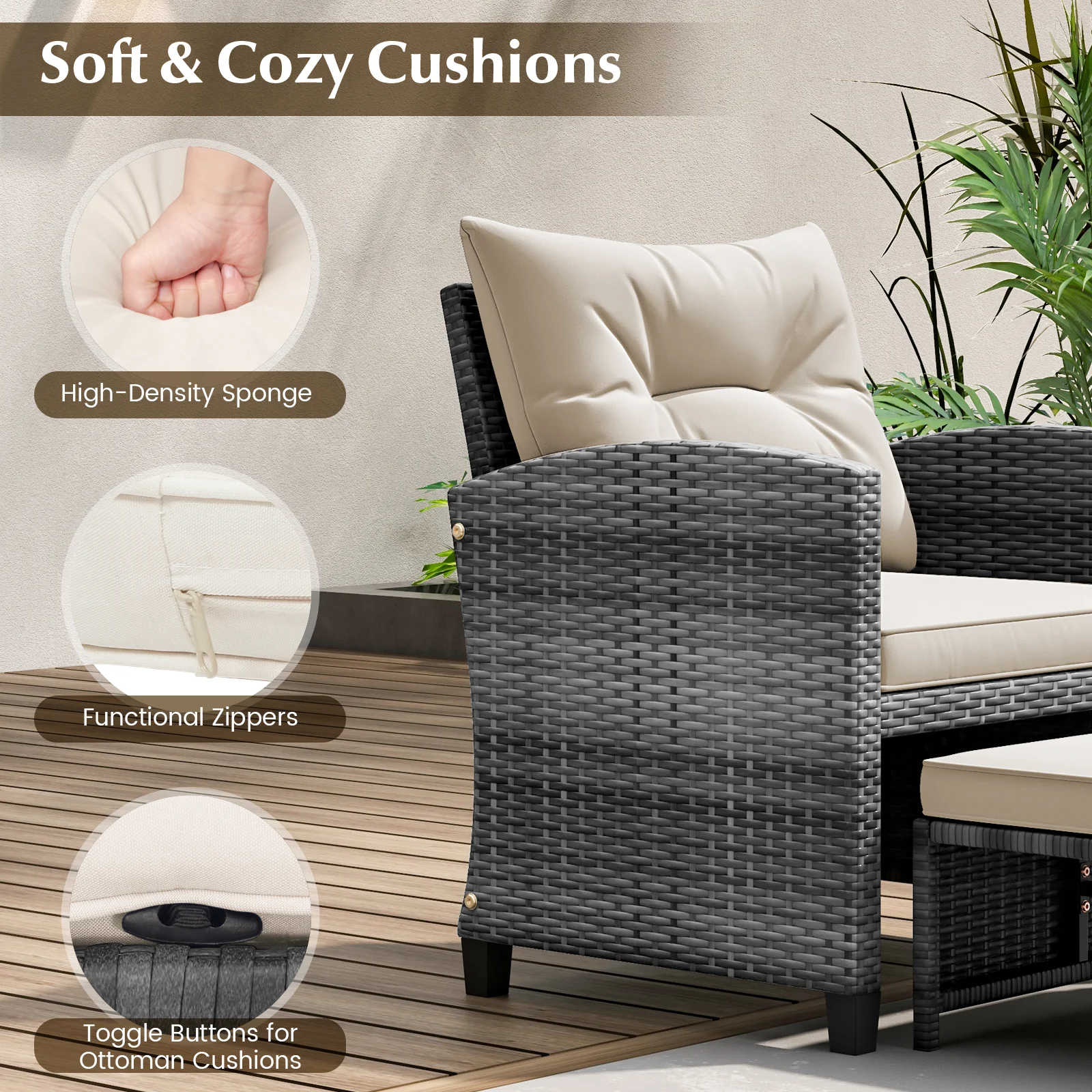 5 Piece Patio Rattan Furniture, 2 Ottomans, Tempered Glass Coffee Table, White - Image 7
