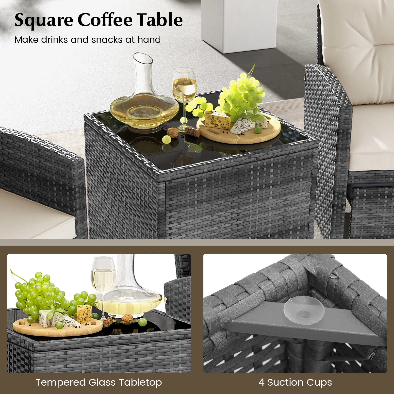 5 Piece Patio Rattan Furniture, 2 Ottomans, Tempered Glass Coffee Table, White - Image 8