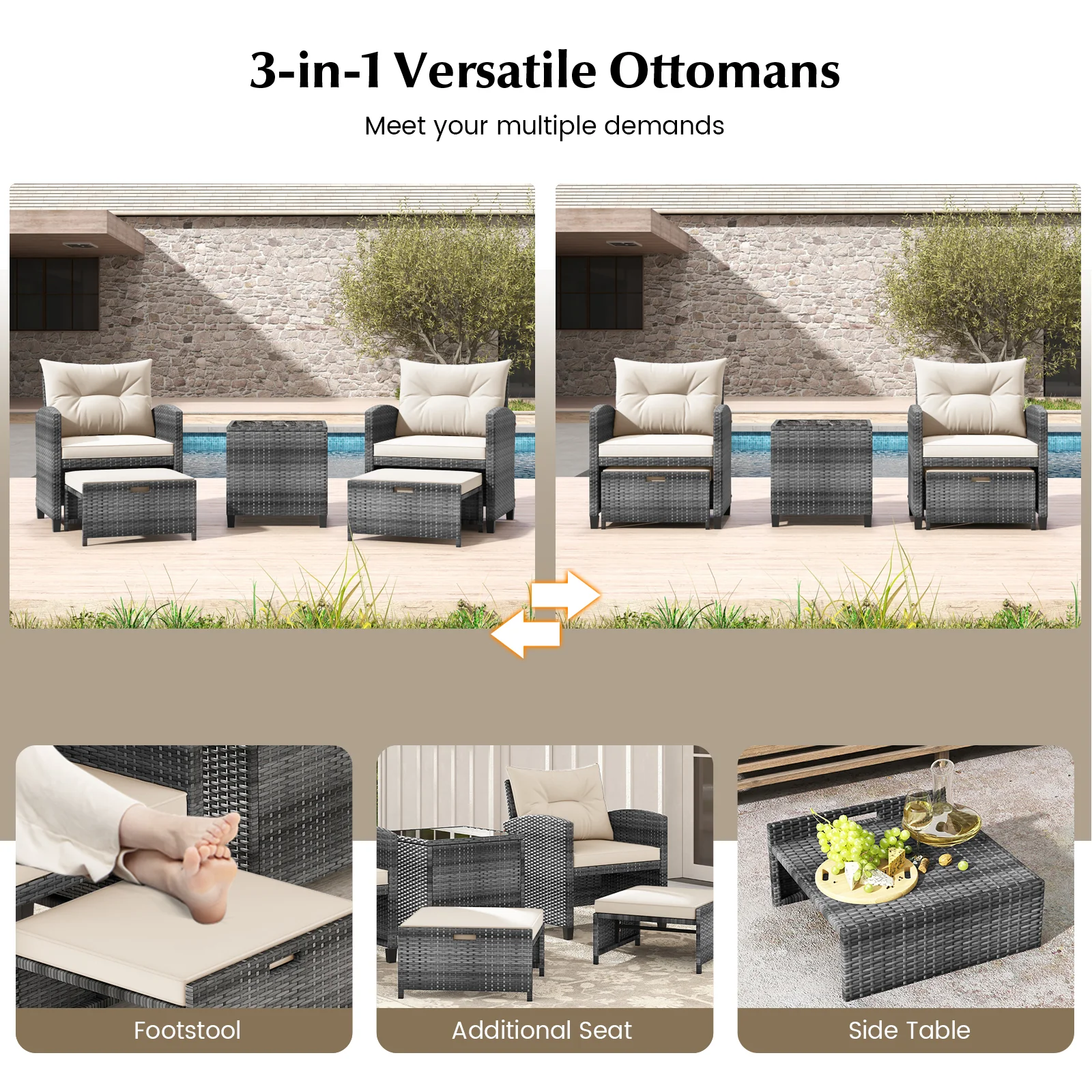 5 Piece Patio Rattan Furniture, 2 Ottomans, Tempered Glass Coffee Table, White - Image 9