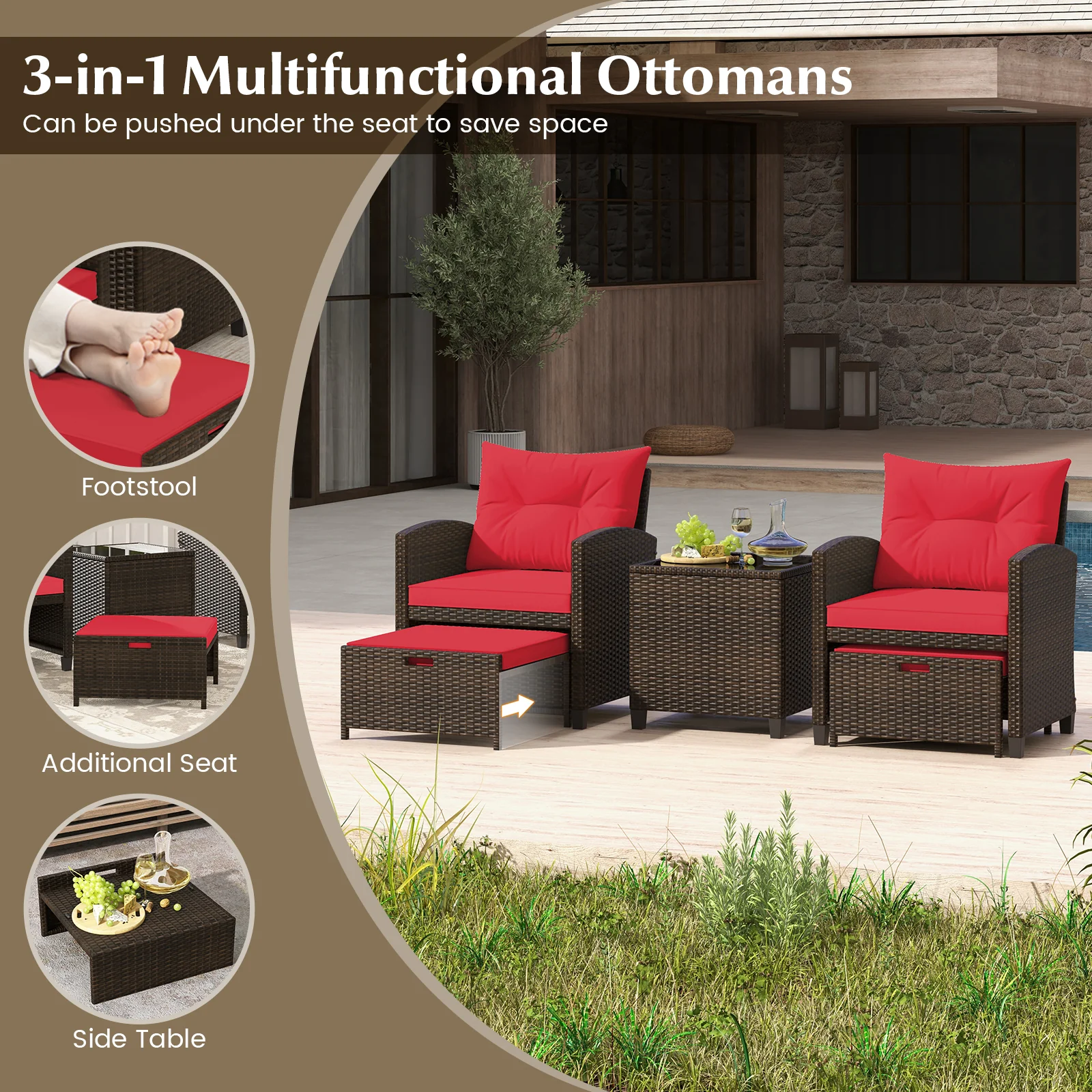 5 Piece Patio Rattan Furniture Set, 2 Ottomans, Tempered Glass Coffee Table, Red - Image 10