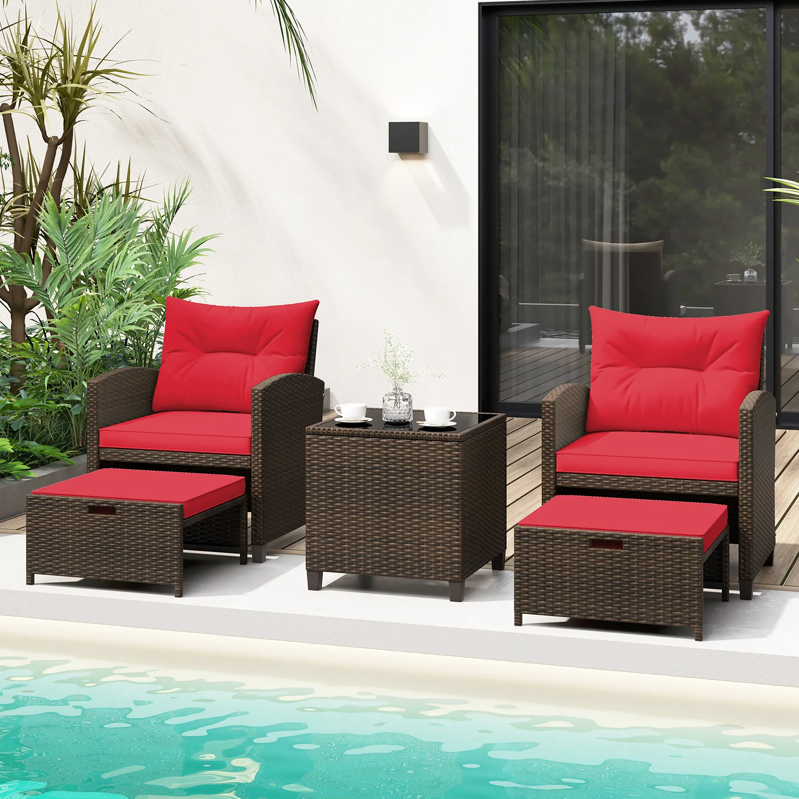 5 Piece Patio Rattan Furniture Set, 2 Ottomans, Tempered Glass Coffee Table, Red - Image 2
