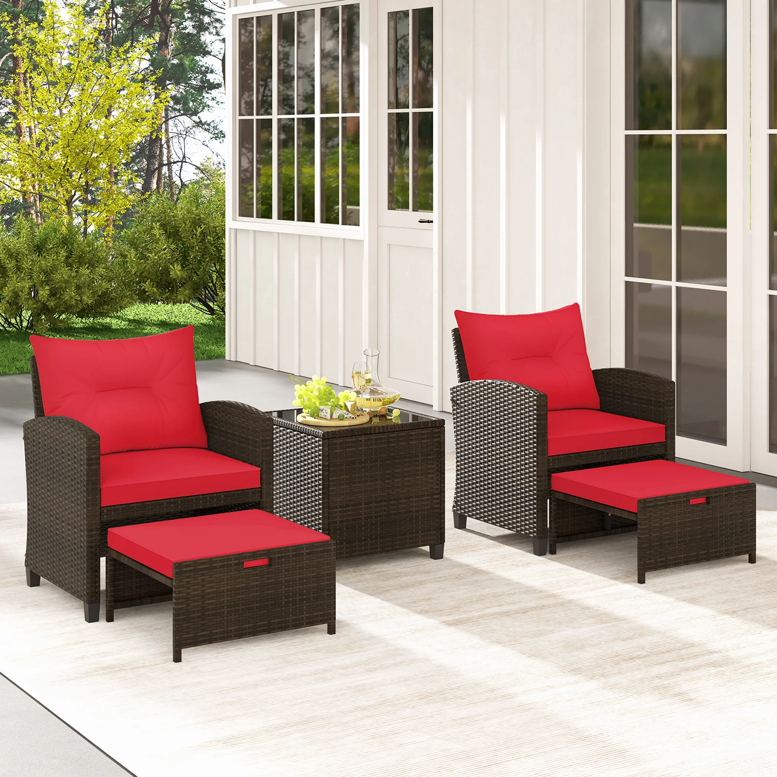 5 Piece Patio Rattan Furniture Set, 2 Ottomans, Tempered Glass Coffee Table, Red - Image 3