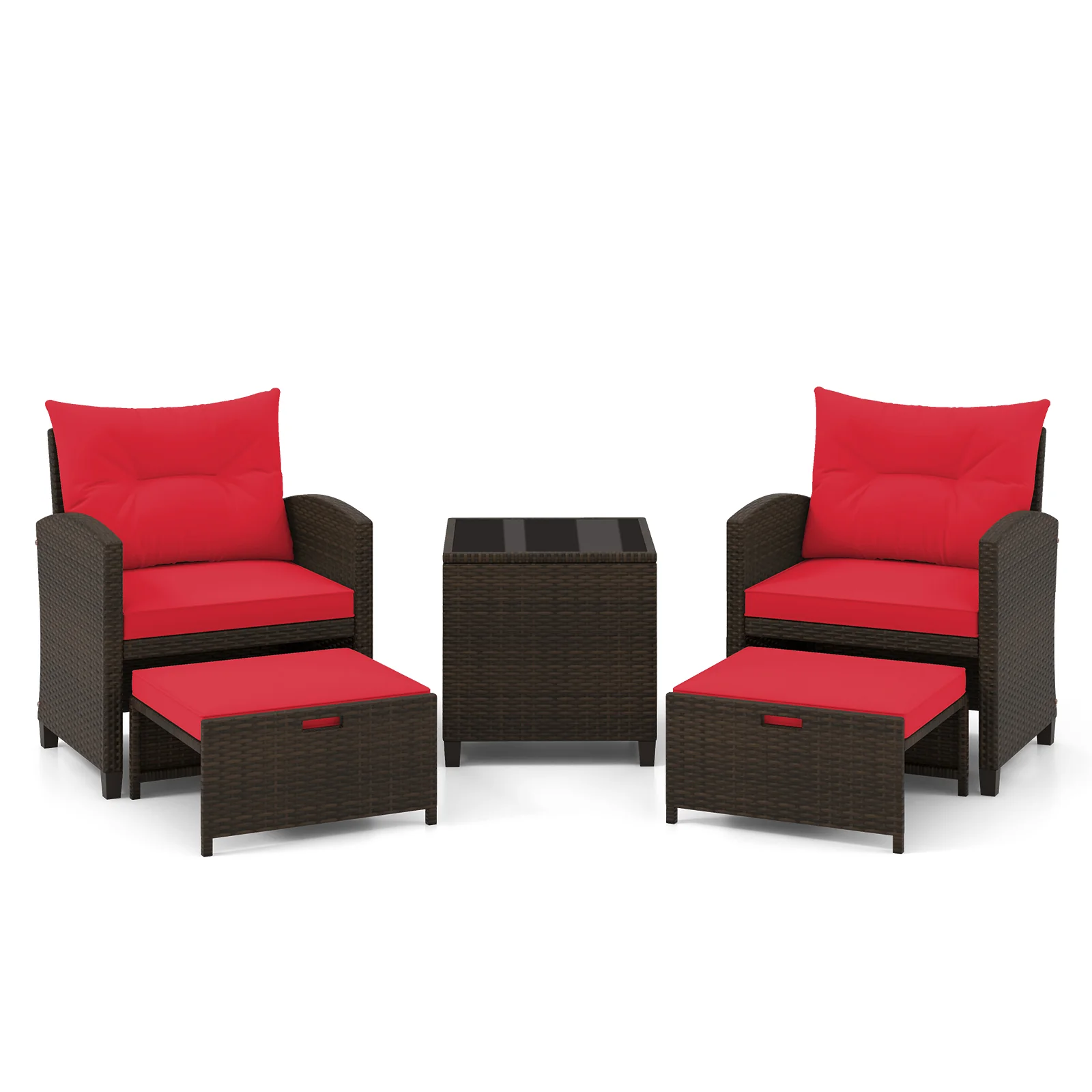 5 Piece Patio Rattan Furniture Set, 2 Ottomans, Tempered Glass Coffee Table, Red - Image 4
