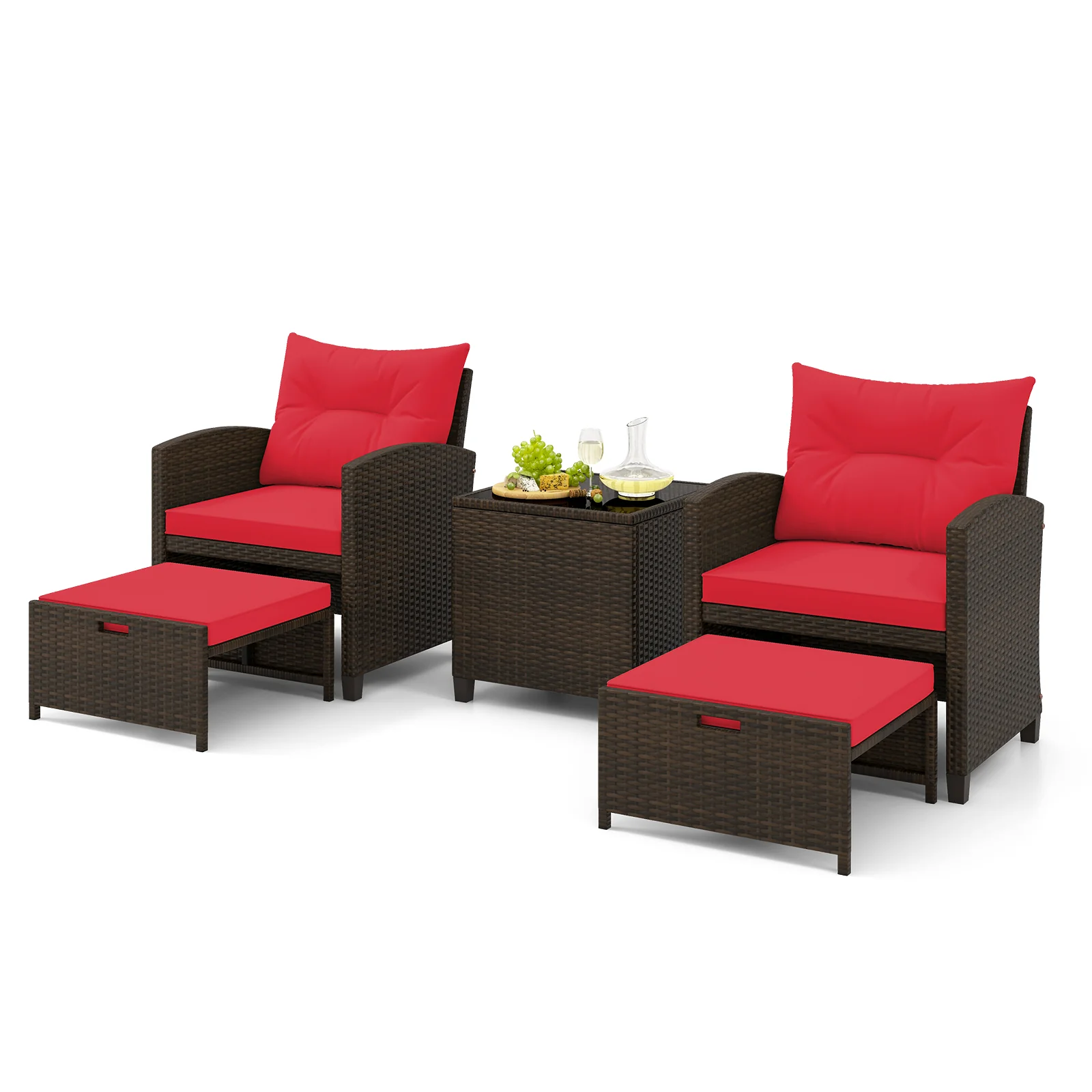 5 Piece Patio Rattan Furniture Set, 2 Ottomans, Tempered Glass Coffee Table, Red - Image 5
