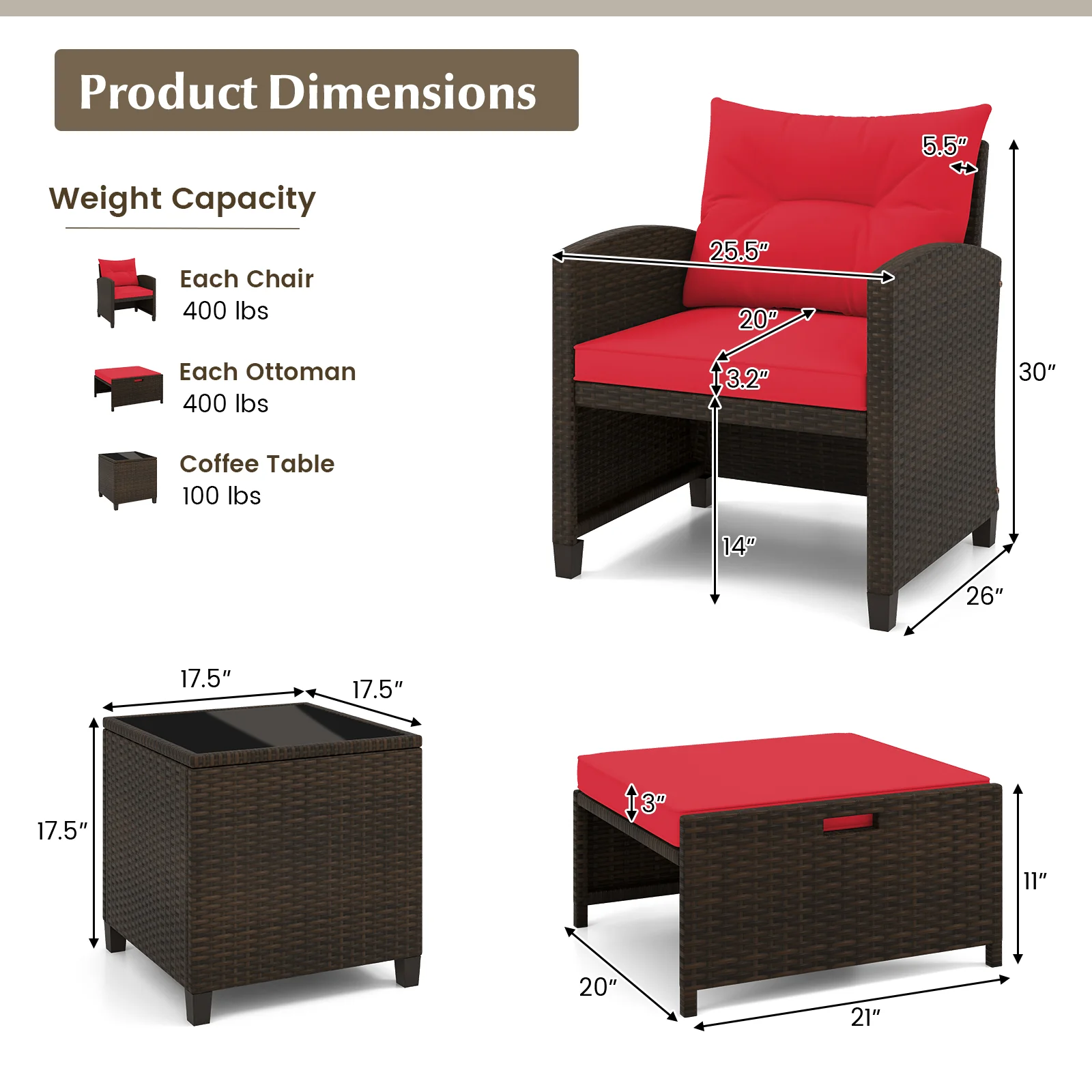 5 Piece Patio Rattan Furniture Set, 2 Ottomans, Tempered Glass Coffee Table, Red - Image 6