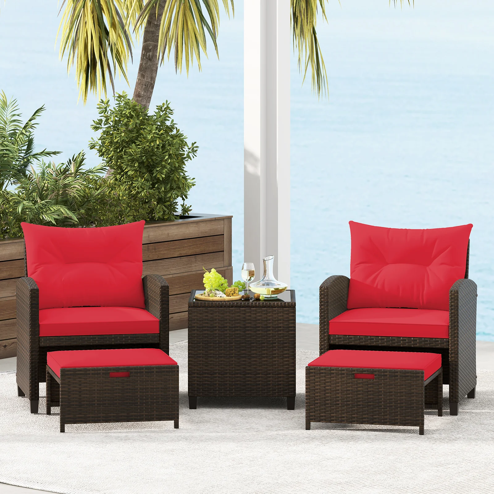 5 Piece Patio Rattan Furniture Set, 2 Ottomans, Tempered Glass Coffee Table, Red - Image 7