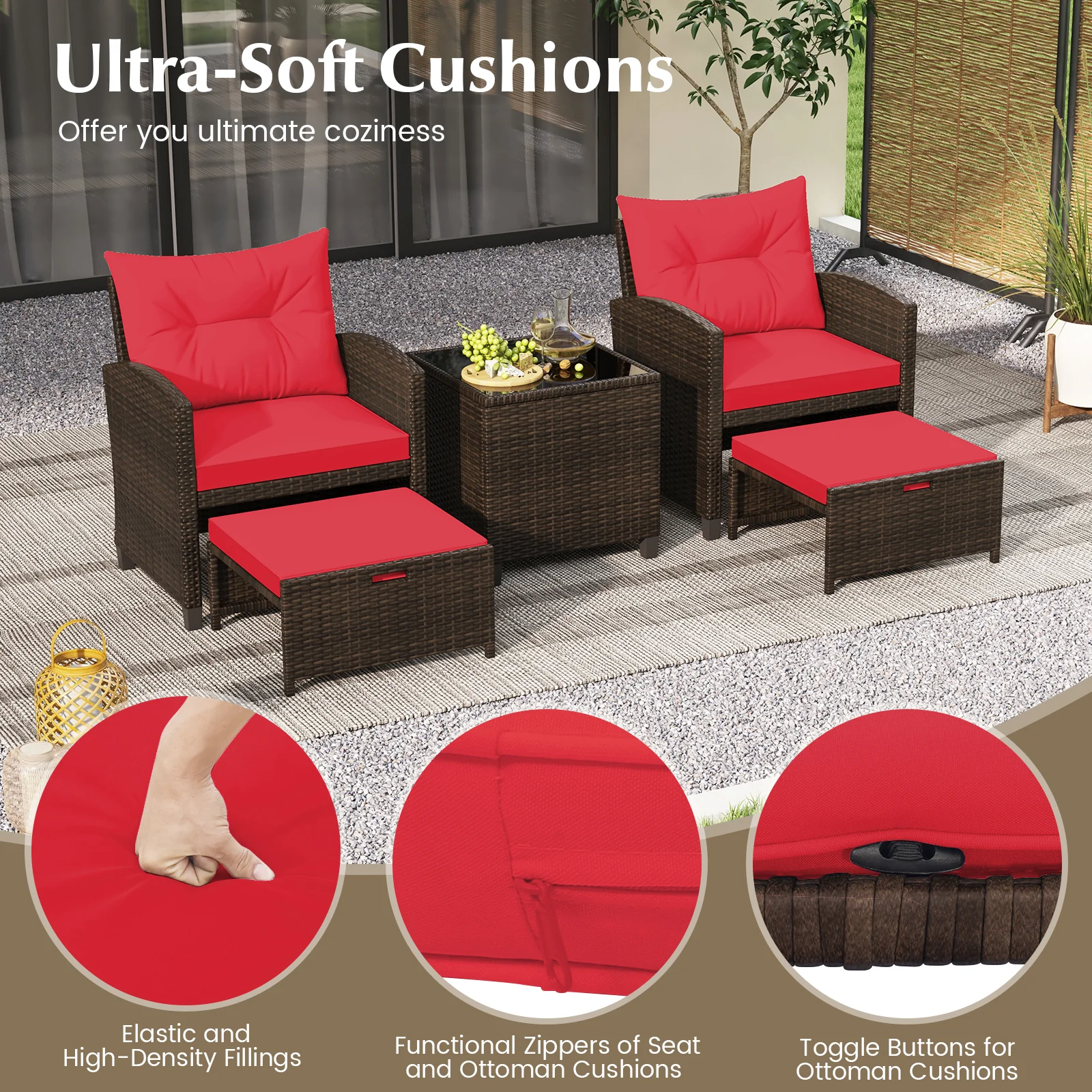 5 Piece Patio Rattan Furniture Set, 2 Ottomans, Tempered Glass Coffee Table, Red - Image 8