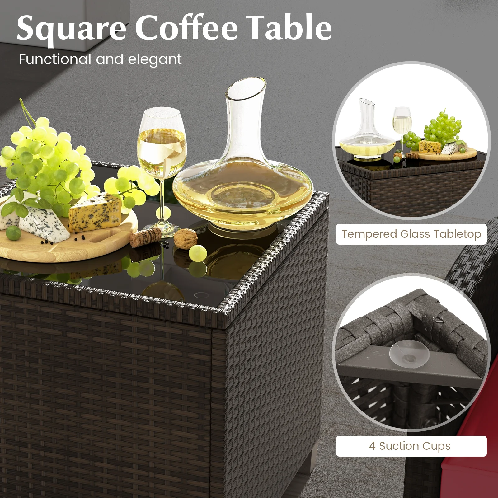 5 Piece Patio Rattan Furniture Set, 2 Ottomans, Tempered Glass Coffee Table, Red - Image 9