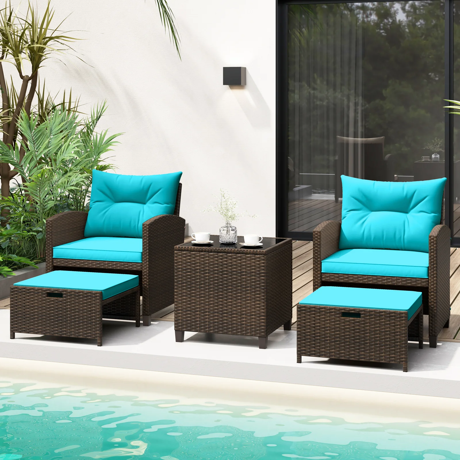 5 Piece Patio Rattan Furniture Set, 2 Ottomans, Tempered Glass Table, Turquoise - Image 2