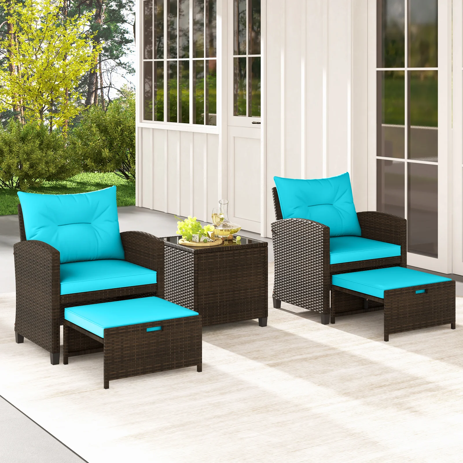 5 Piece Patio Rattan Furniture Set, 2 Ottomans, Tempered Glass Table, Turquoise - Image 3