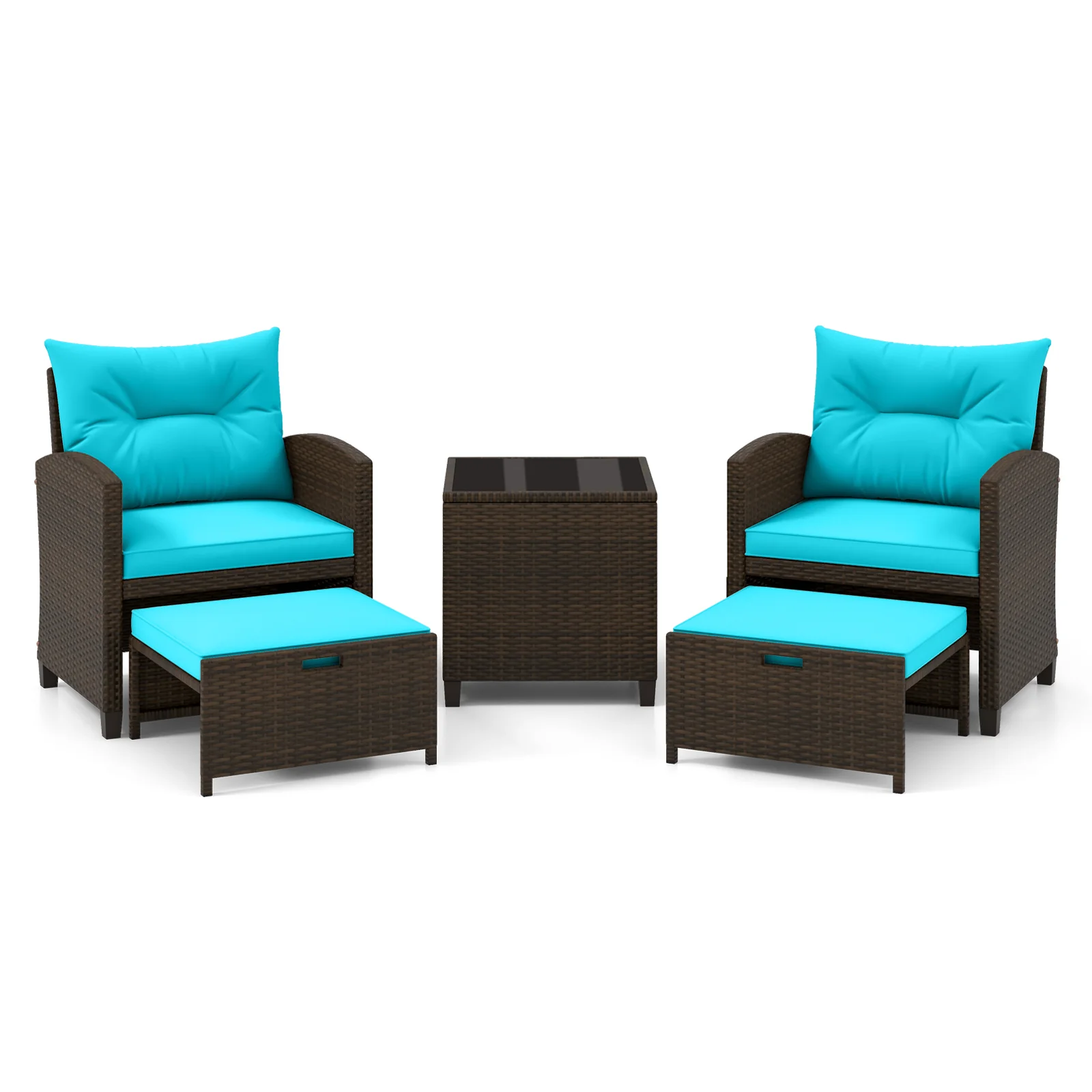 5 Piece Patio Rattan Furniture Set, 2 Ottomans, Tempered Glass Table, Turquoise - Image 4