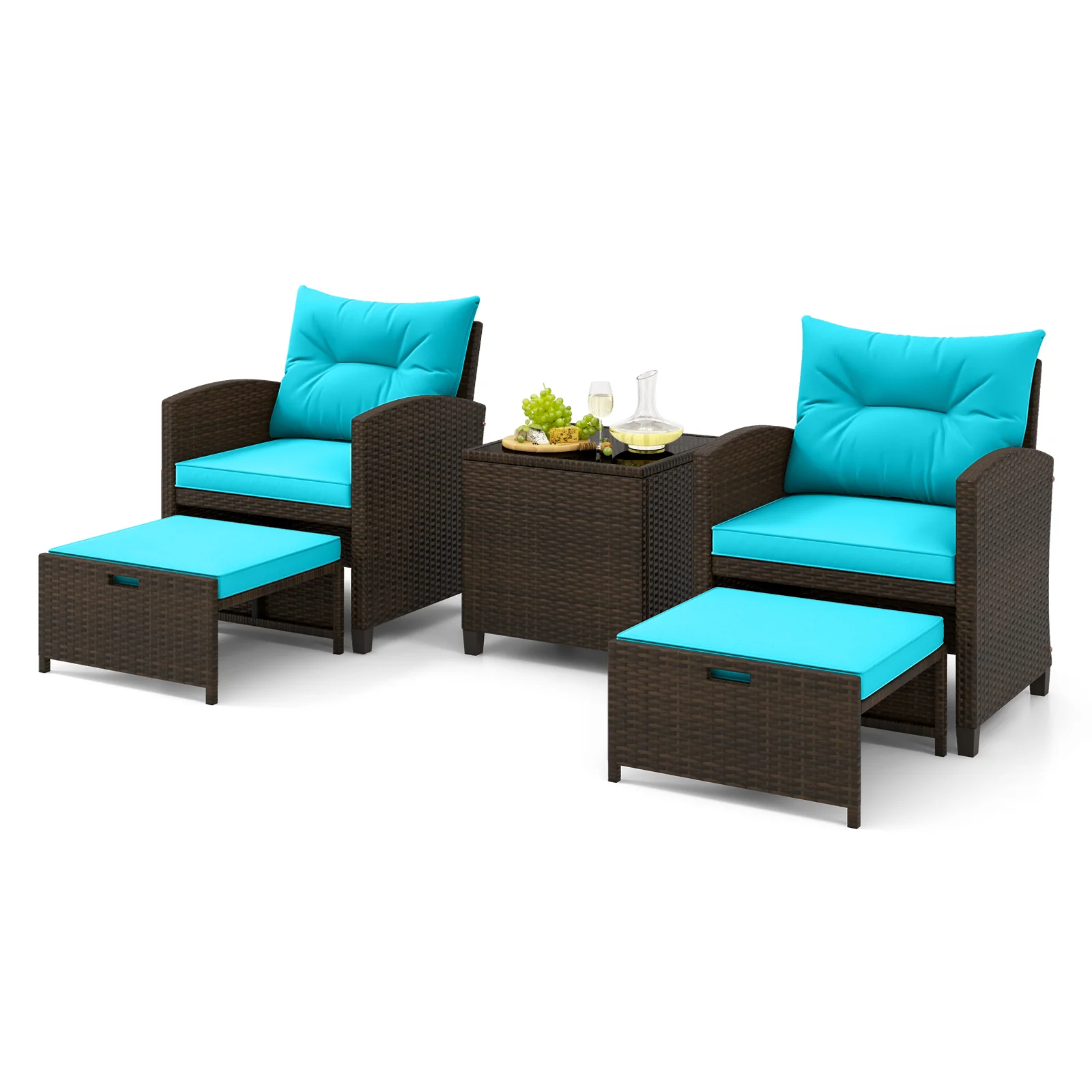 5 Piece Patio Rattan Furniture Set, 2 Ottomans, Tempered Glass Table, Turquoise - Image 5