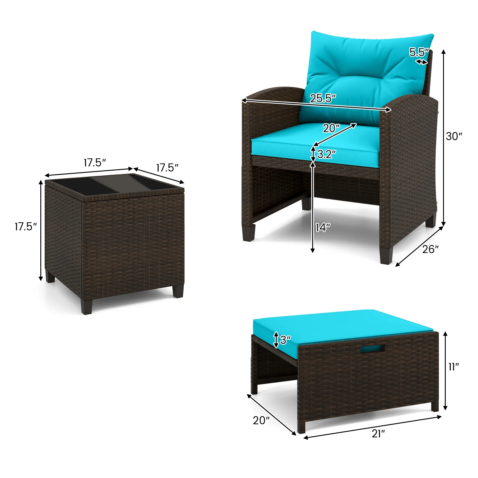 5 Piece Patio Rattan Furniture Set, 2 Ottomans, Tempered Glass Table, Turquoise - Image 6
