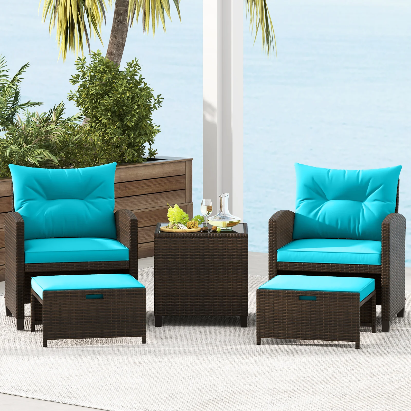 5 Piece Patio Rattan Furniture Set, 2 Ottomans, Tempered Glass Table, Turquoise - Image 7
