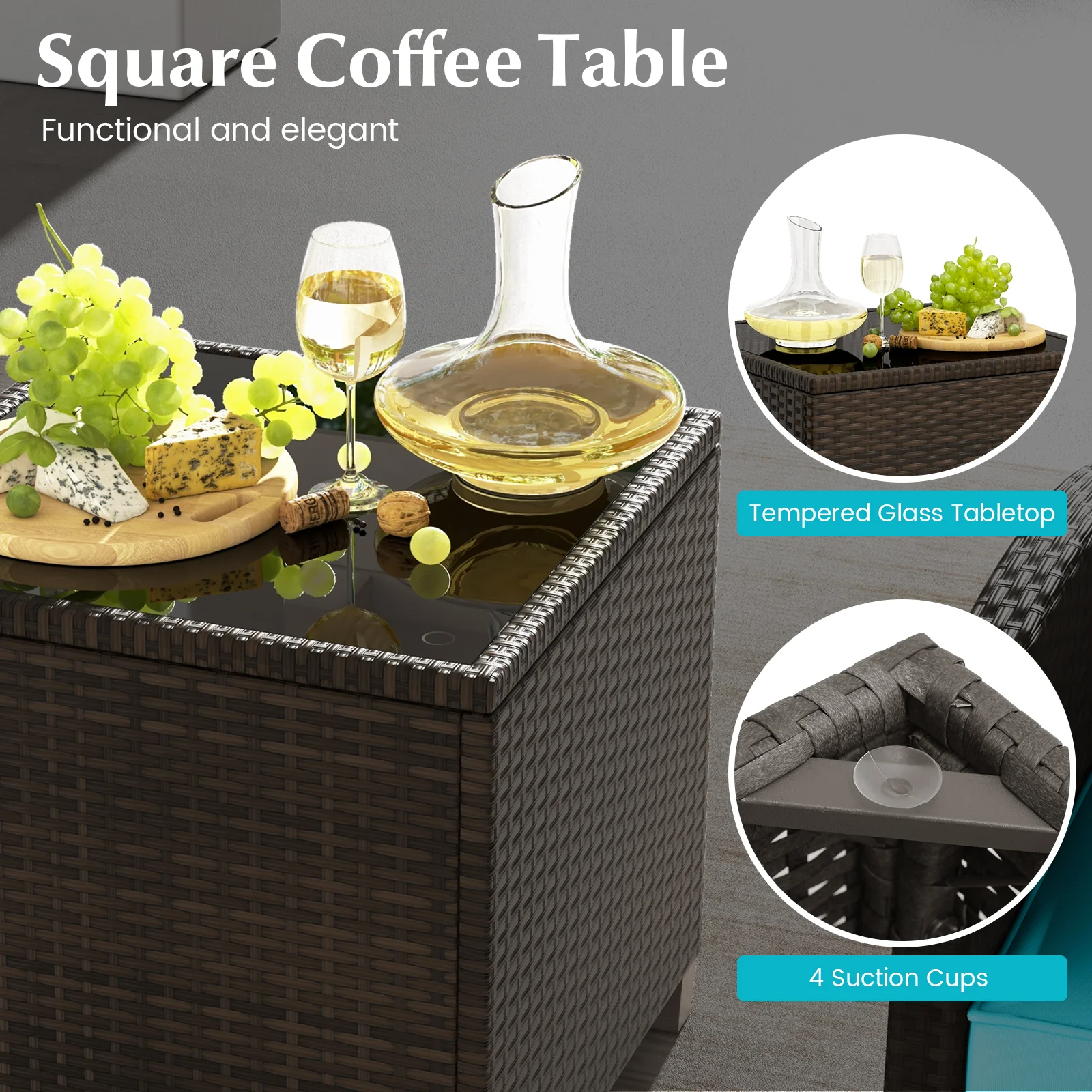 5 Piece Patio Rattan Furniture Set, 2 Ottomans, Tempered Glass Table, Turquoise - Image 8