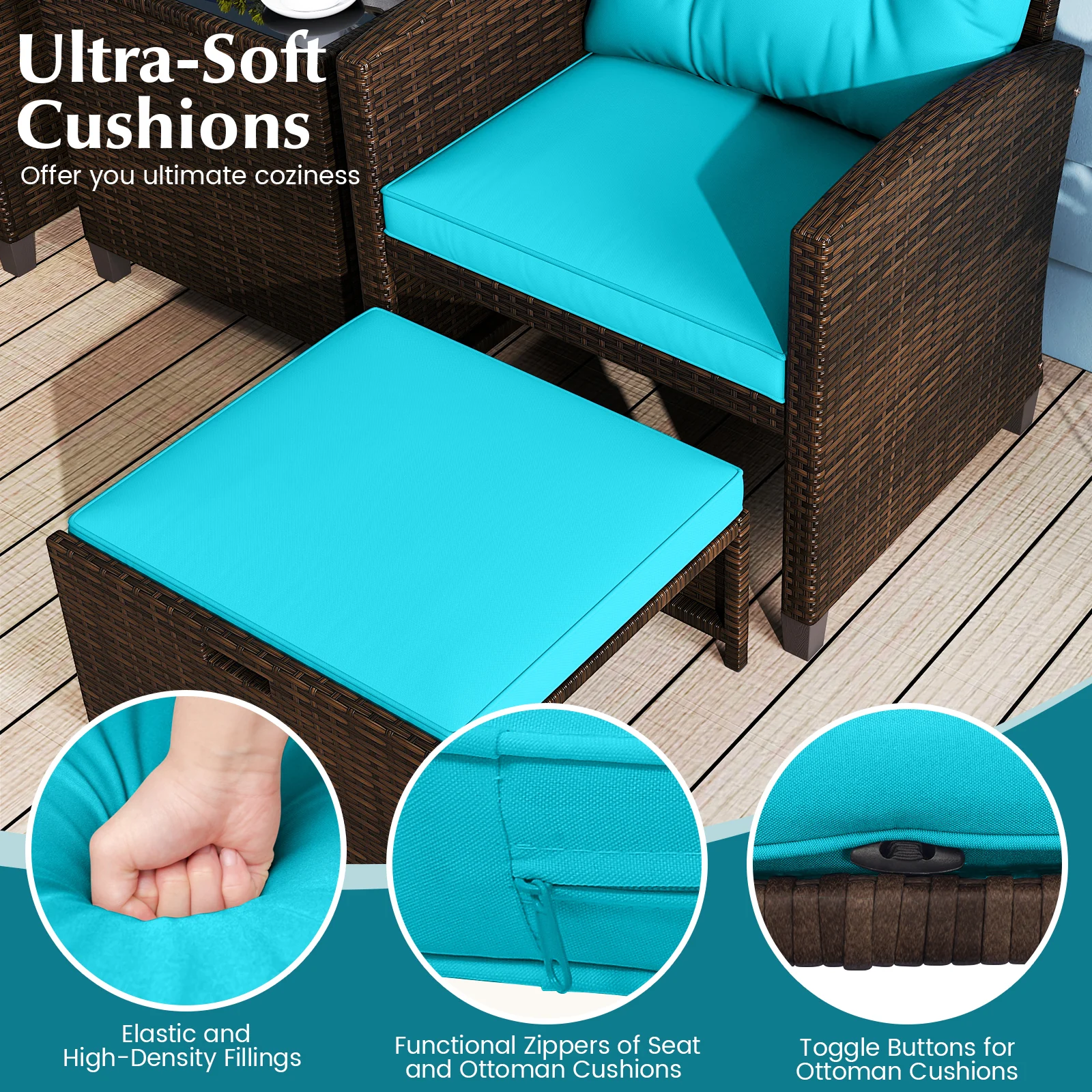 5 Piece Patio Rattan Furniture Set, 2 Ottomans, Tempered Glass Table, Turquoise - Image 9