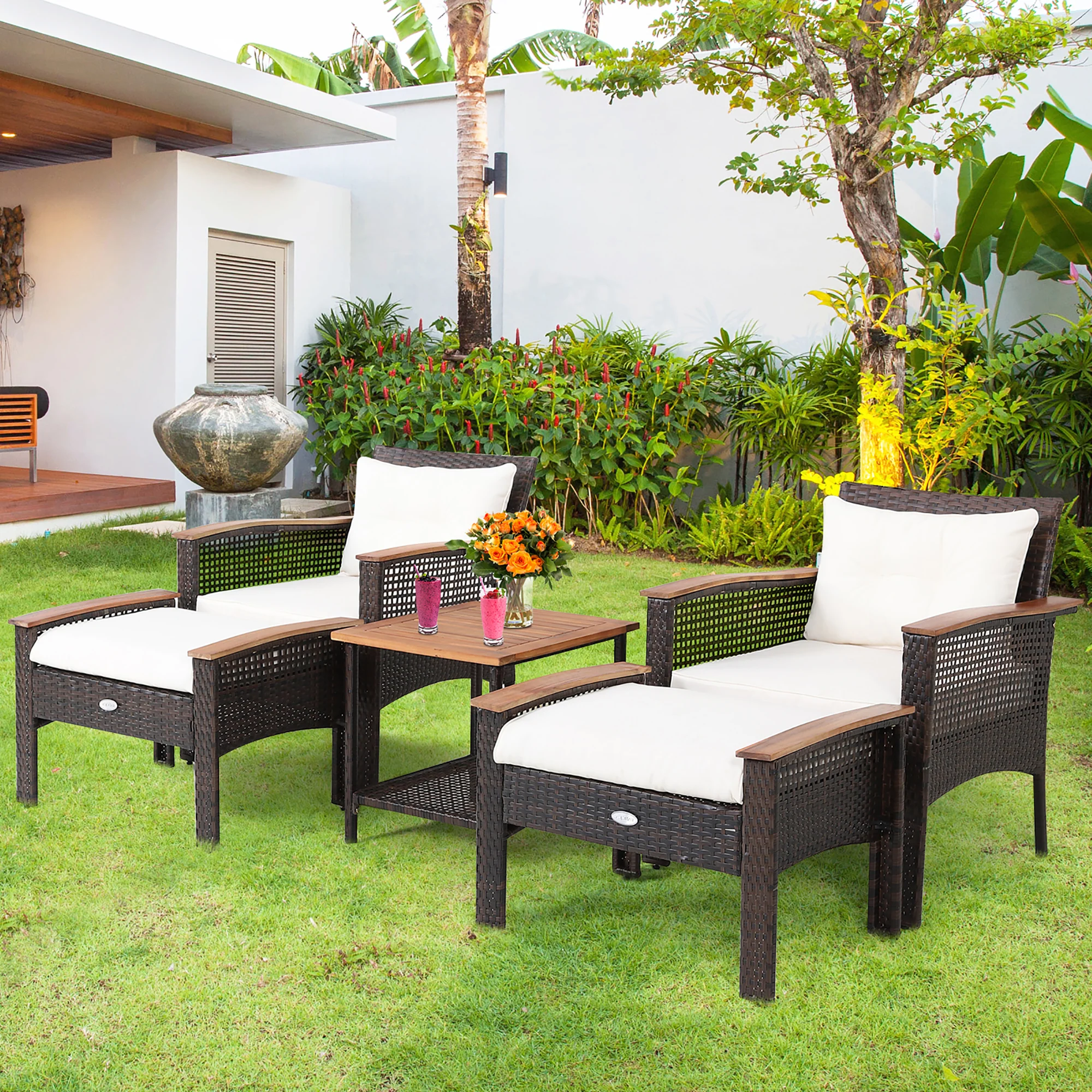5 Piece Patio Rattan Furniture Set, Acacia Wood Table, White - Image 2