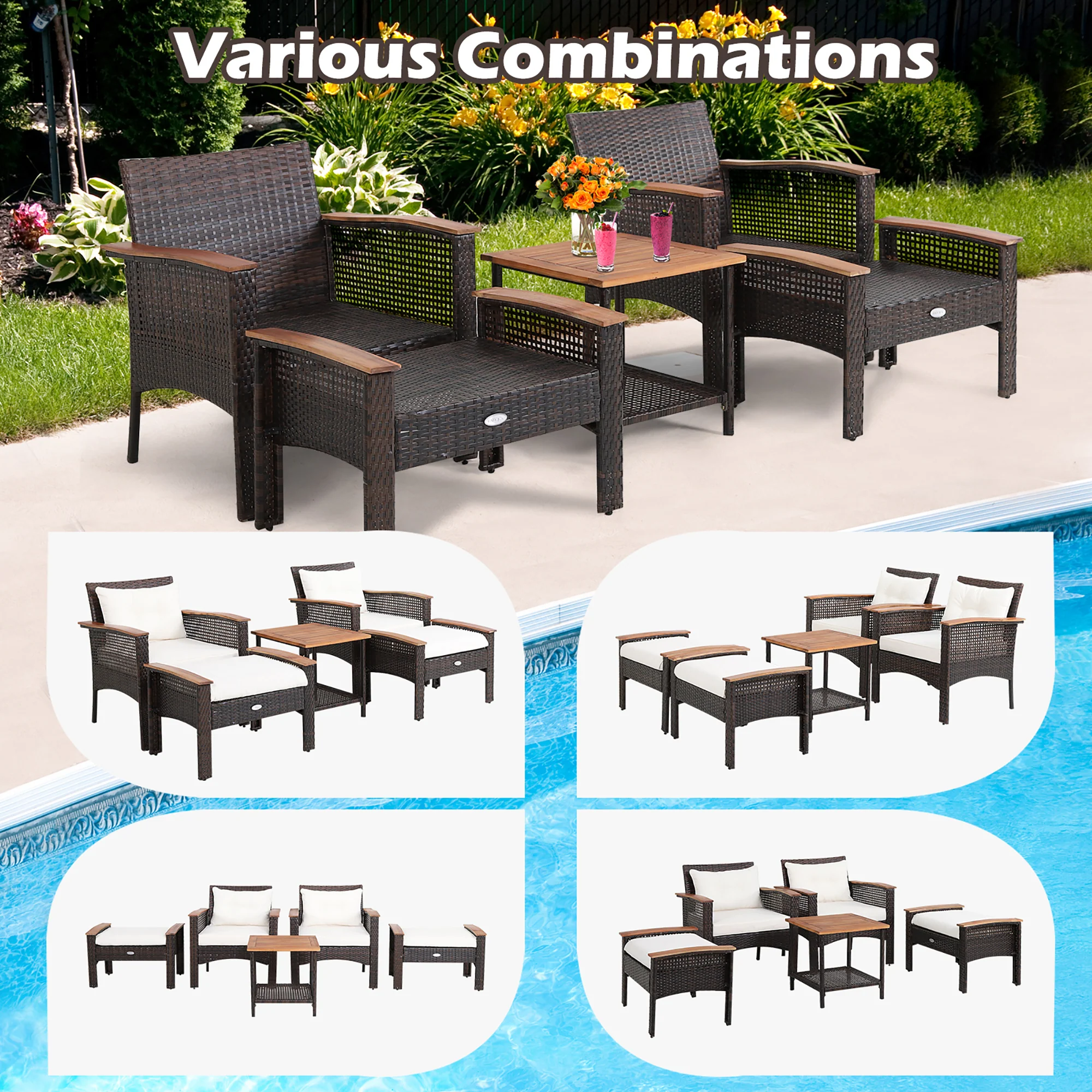 5 Piece Patio Rattan Furniture Set, Acacia Wood Table, White - Image 3