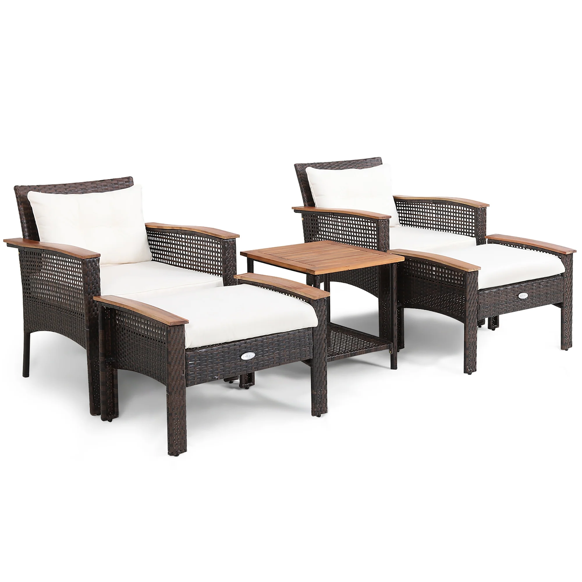 5 Piece Patio Rattan Furniture Set, Acacia Wood Table, White - Image 4
