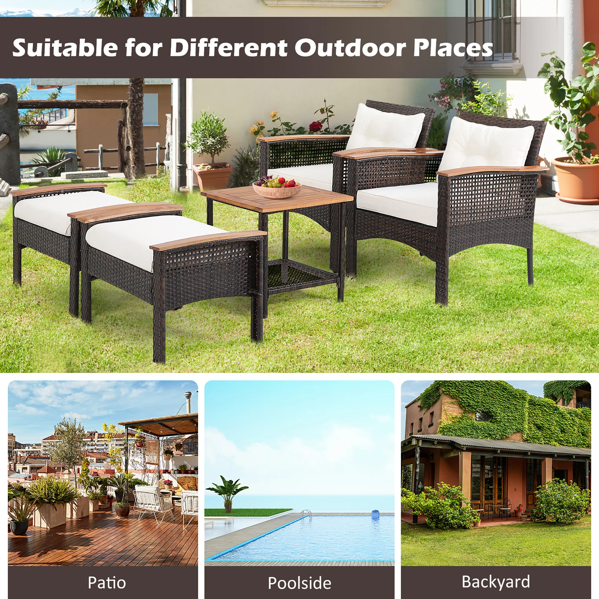 5 Piece Patio Rattan Furniture Set, Acacia Wood Table, White - Image 9