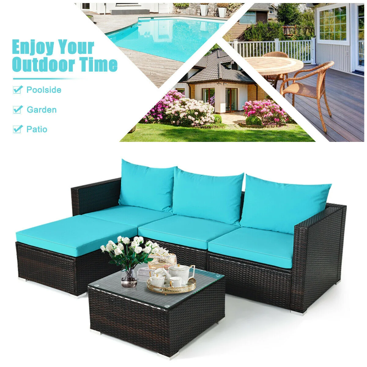 5-Piece Patio Rattan Furniture Set, Coffee Table, Turquoise - Image 10