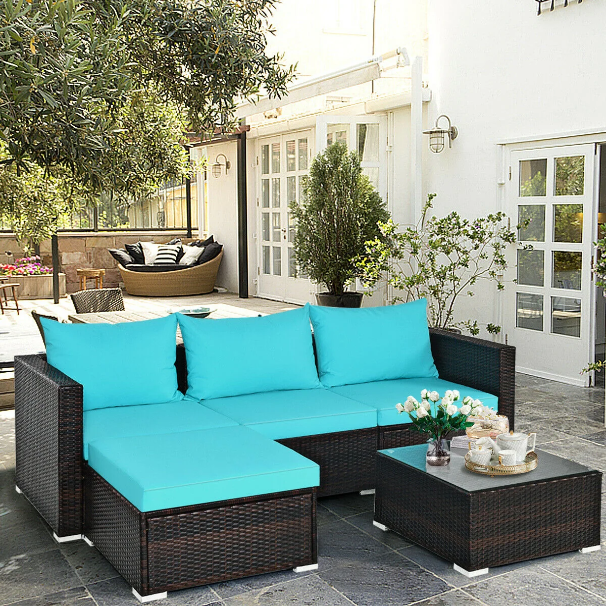 5-Piece Patio Rattan Furniture Set, Coffee Table, Turquoise - Image 2