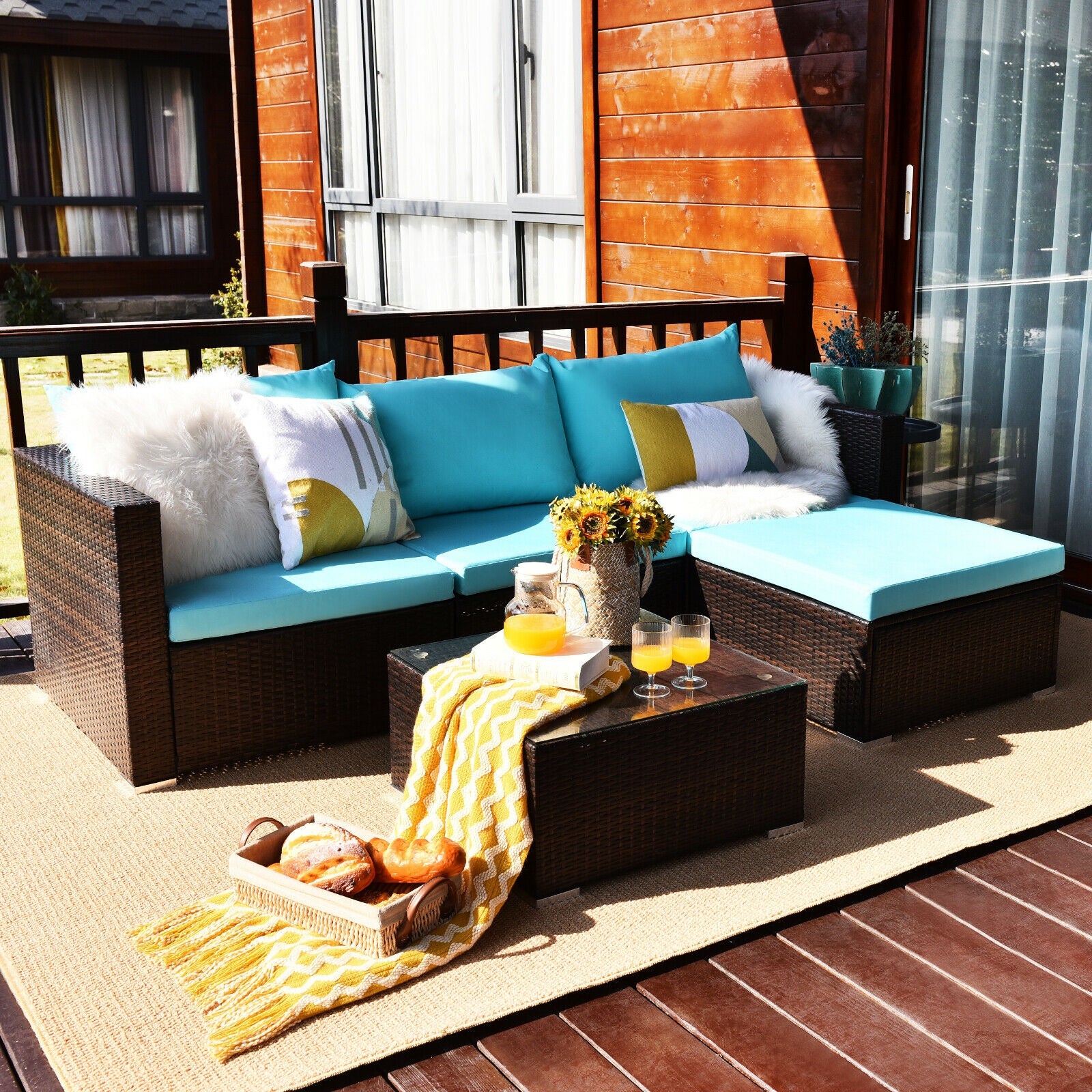 5-Piece Patio Rattan Furniture Set, Coffee Table, Turquoise - Image 3