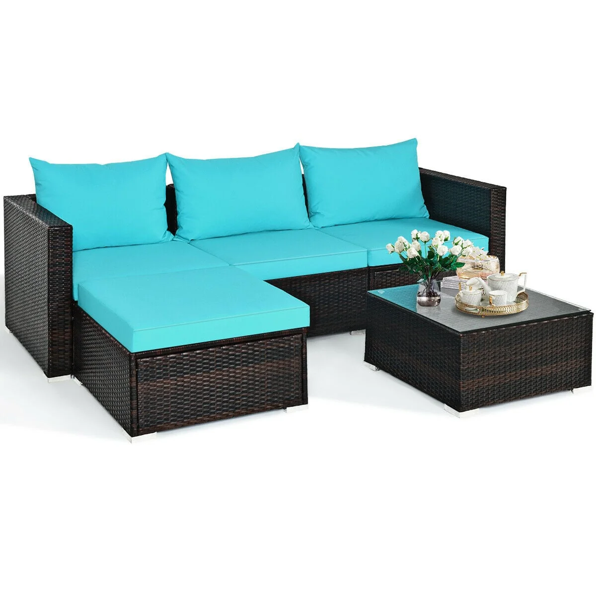5-Piece Patio Rattan Furniture Set, Coffee Table, Turquoise - Image 4