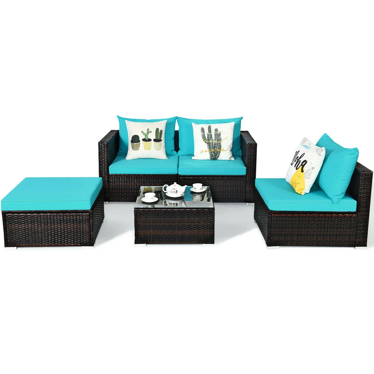 5-Piece Patio Rattan Furniture Set, Coffee Table, Turquoise - Image 5