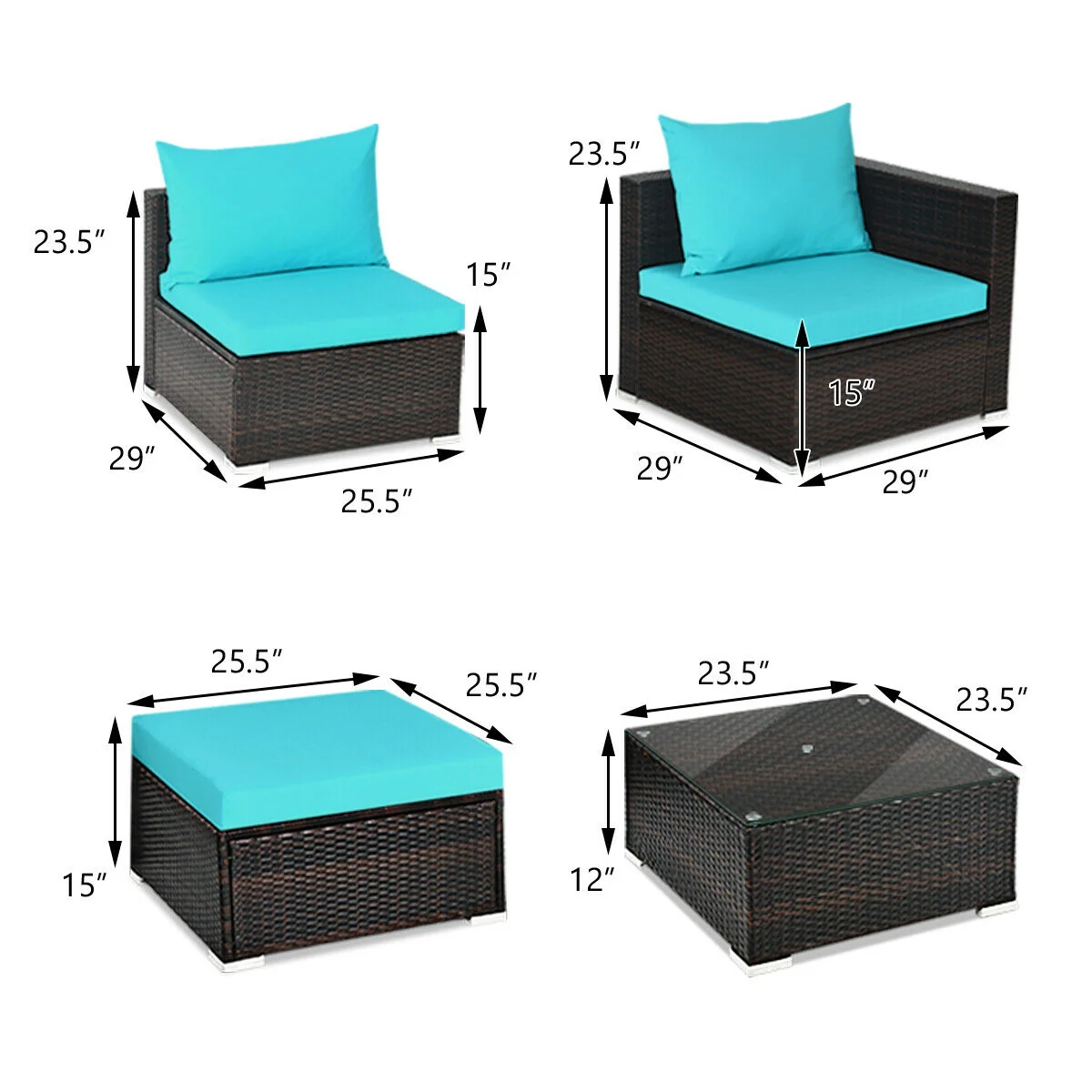5-Piece Patio Rattan Furniture Set, Coffee Table, Turquoise - Image 6