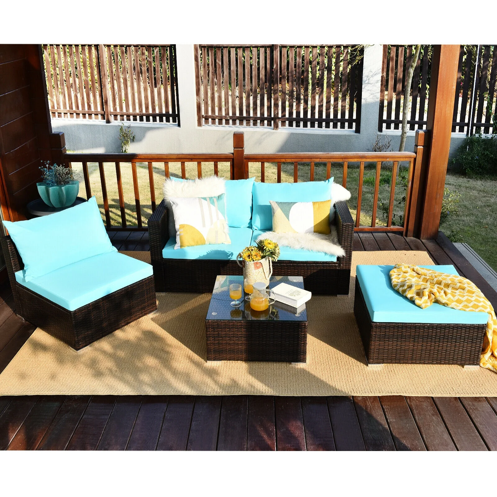 5-Piece Patio Rattan Furniture Set, Coffee Table, Turquoise - Image 7