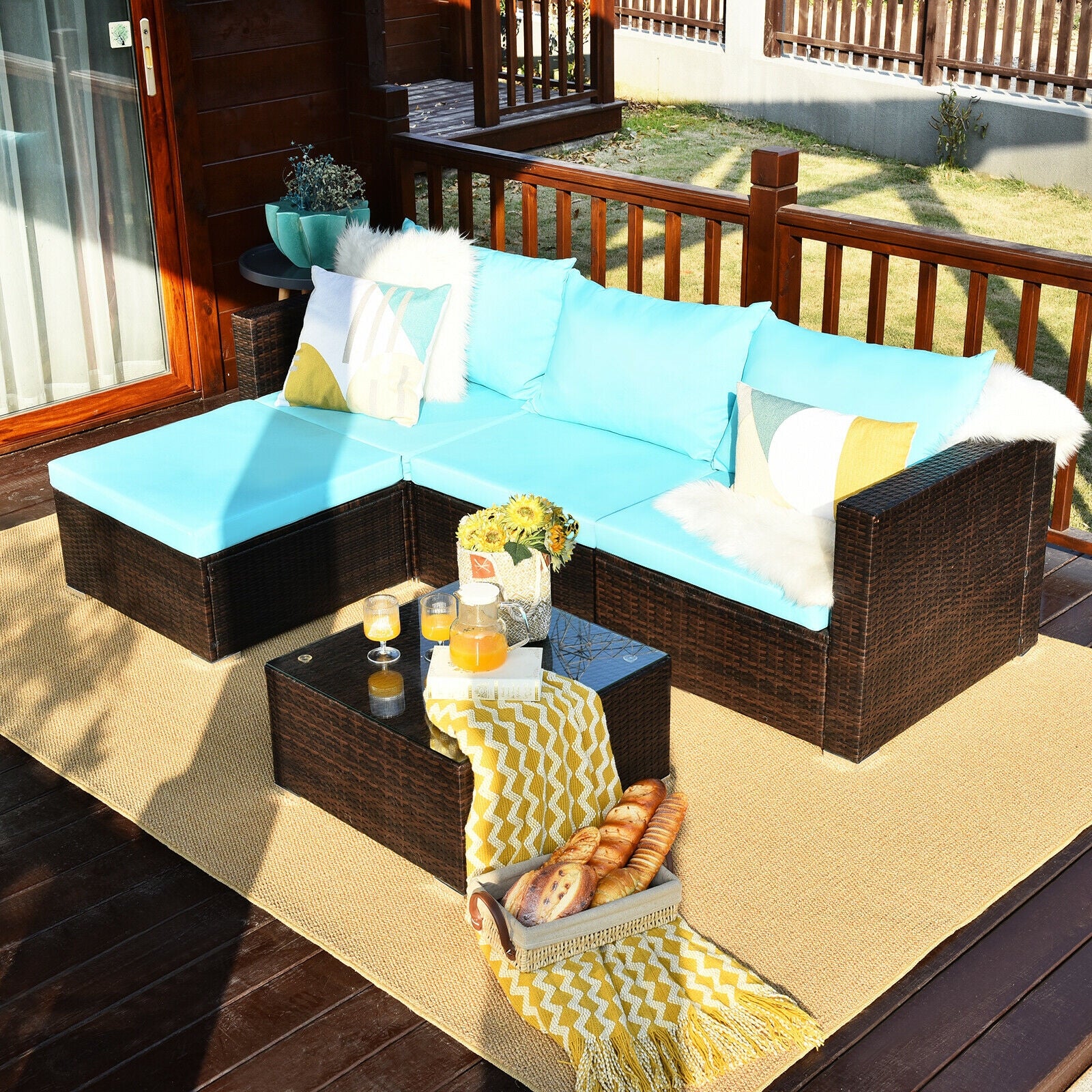 5-Piece Patio Rattan Furniture Set, Coffee Table, Turquoise - Image 8