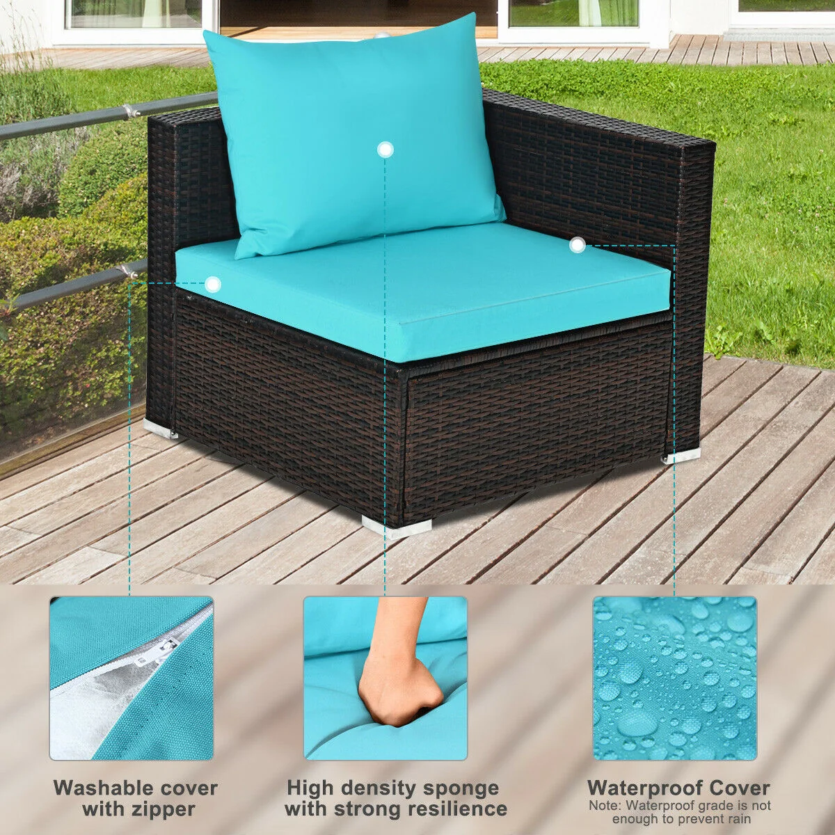 5-Piece Patio Rattan Furniture Set, Coffee Table, Turquoise - Image 9