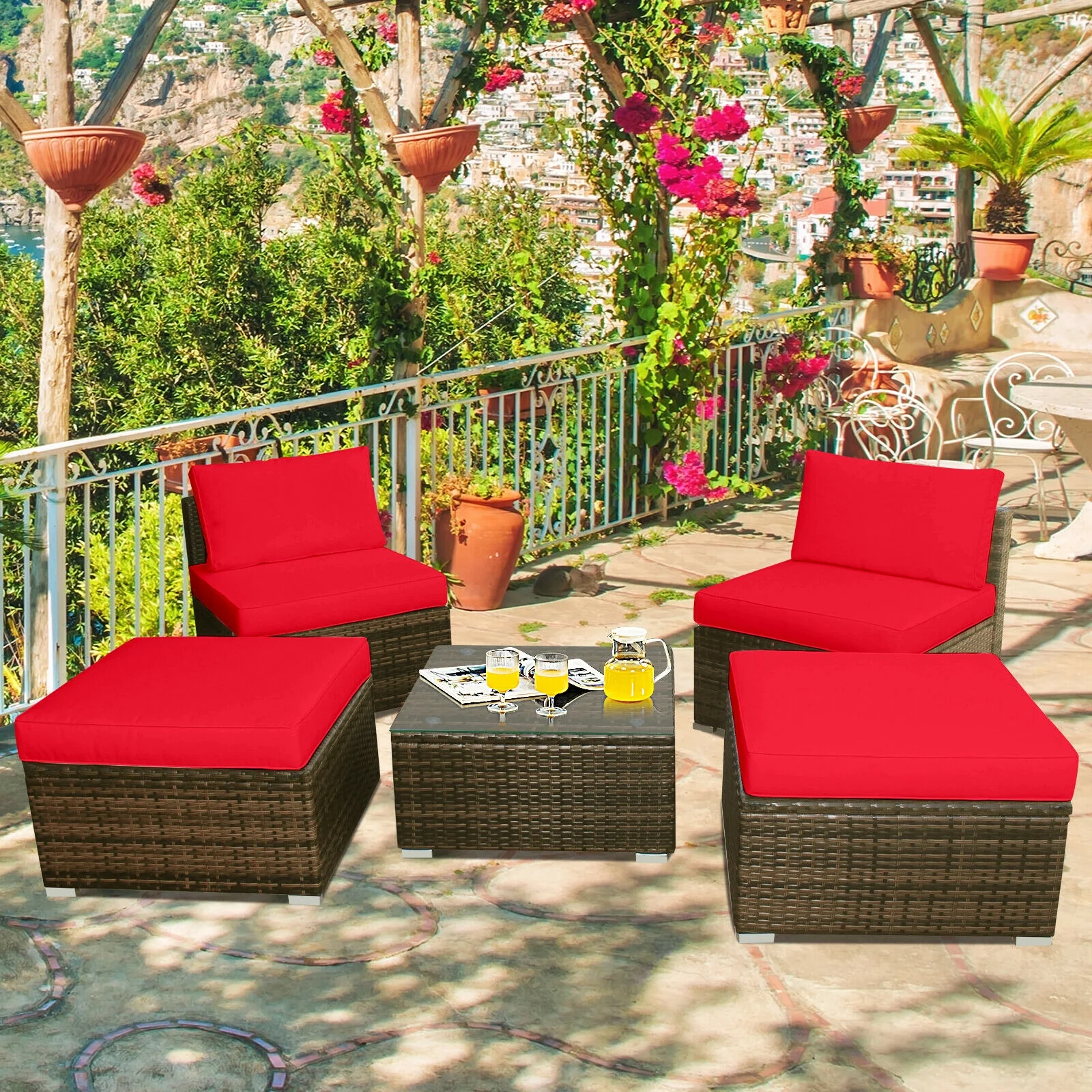 5-Piece Patio Rattan Furniture Set, Cushioned Armless Sofa, Red - Image 10