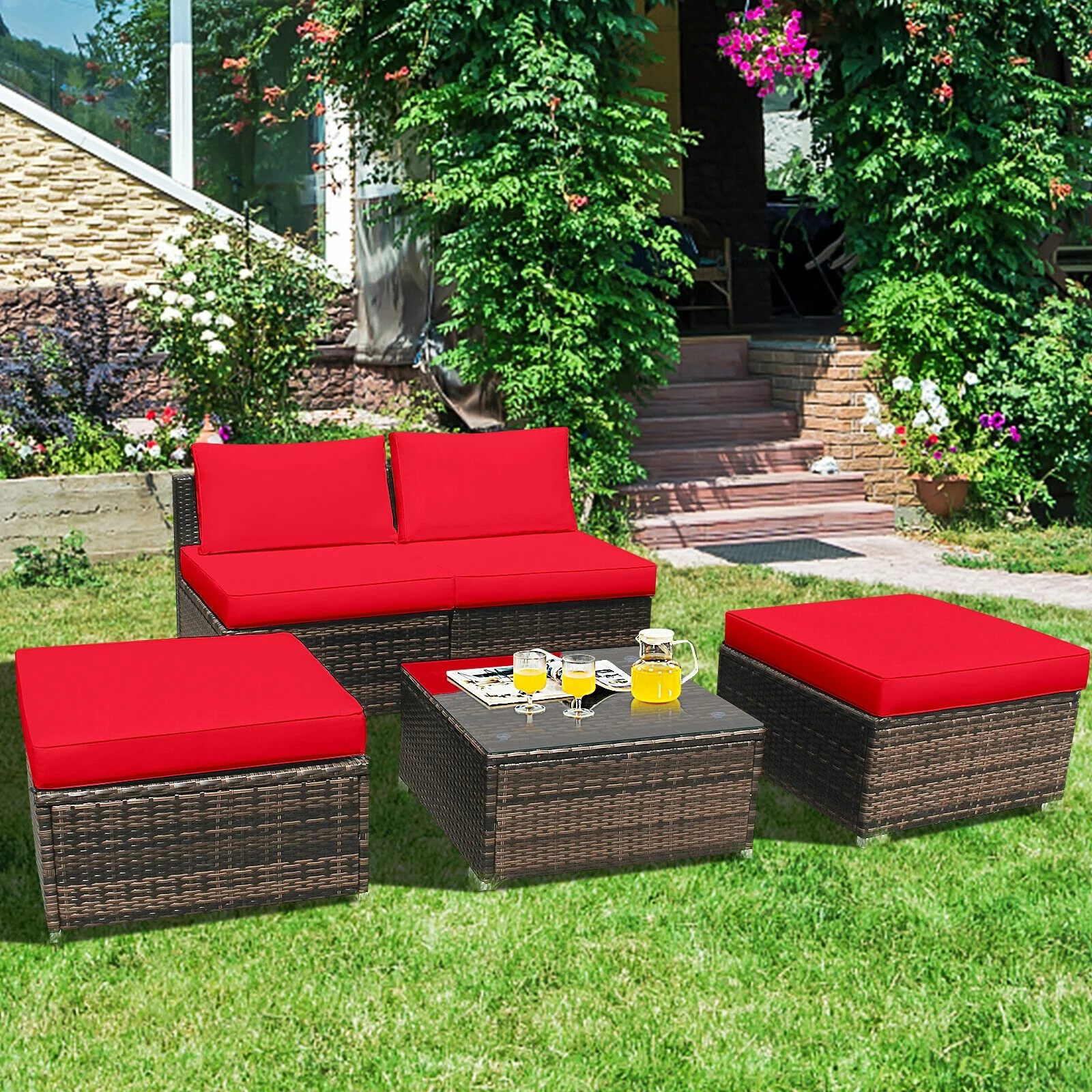 5-Piece Patio Rattan Furniture Set, Cushioned Armless Sofa, Red - Image 2