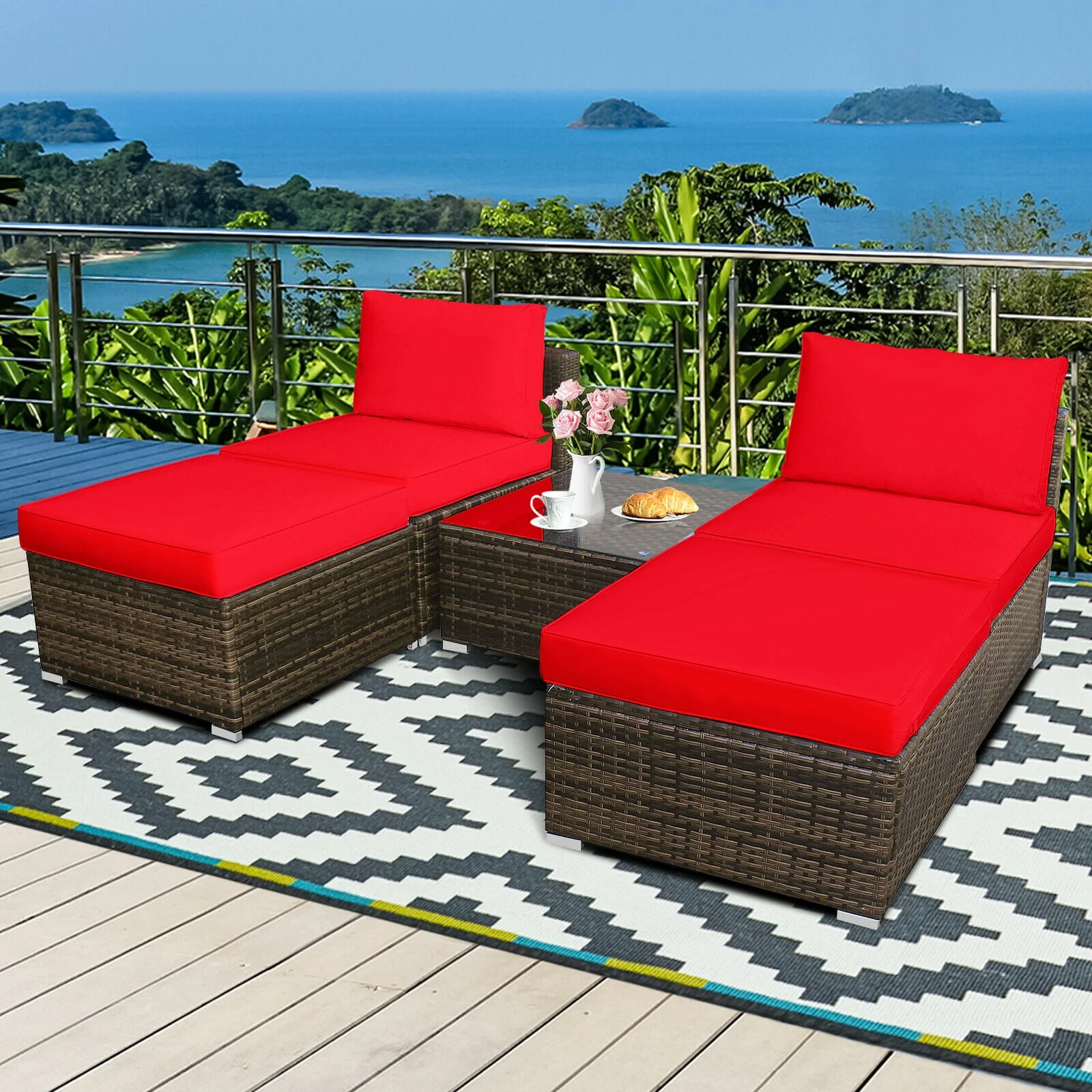 5-Piece Patio Rattan Furniture Set, Cushioned Armless Sofa, Red - Image 3