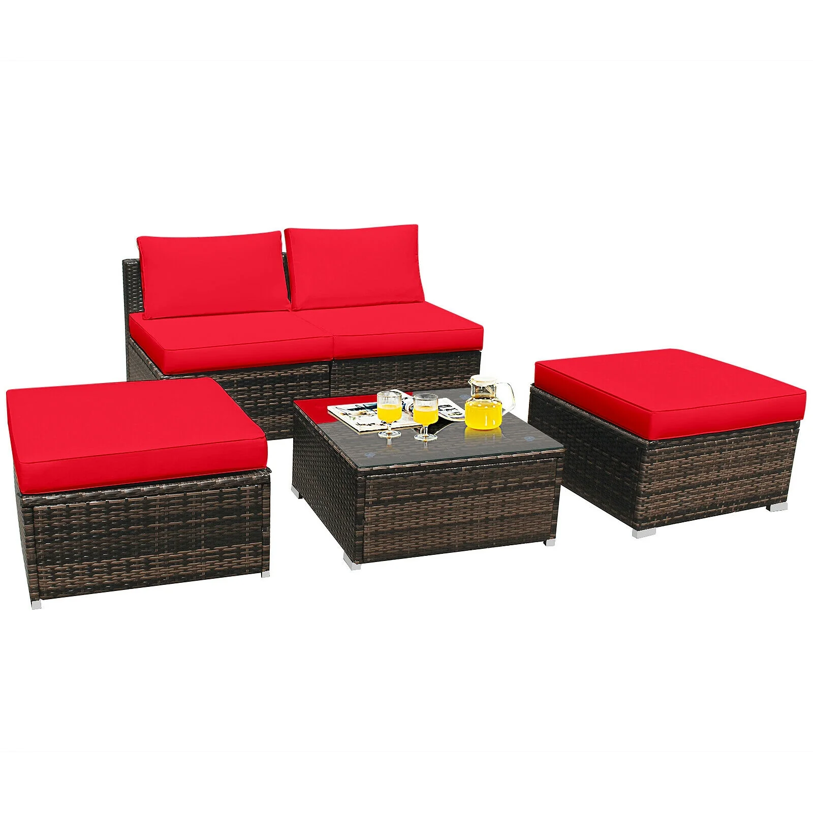 5-Piece Patio Rattan Furniture Set, Cushioned Armless Sofa, Red - Image 4