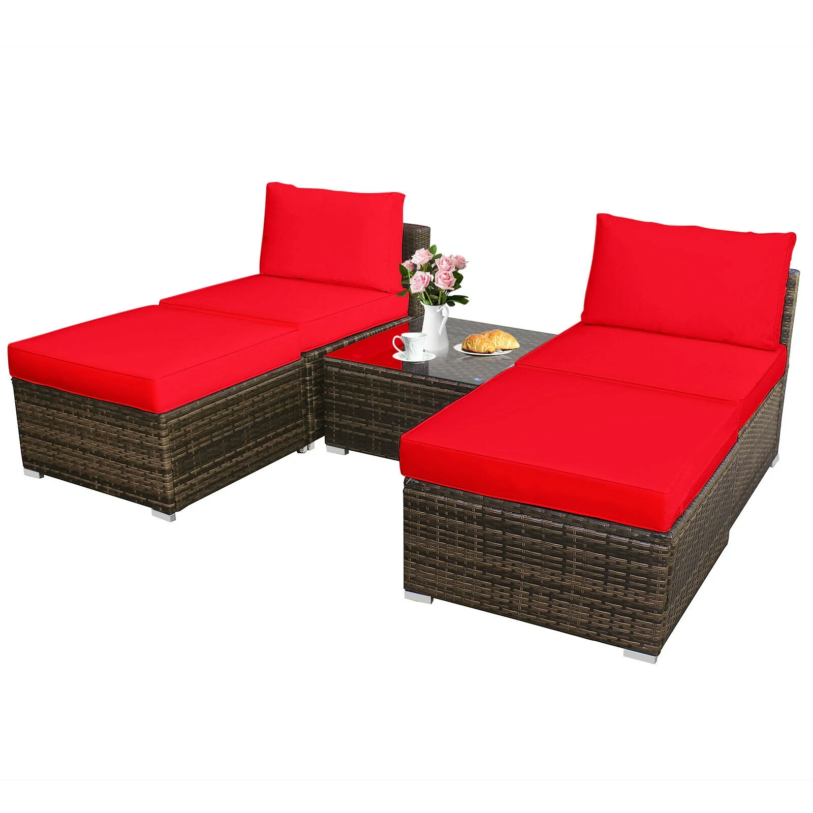 5-Piece Patio Rattan Furniture Set, Cushioned Armless Sofa, Red - Image 5