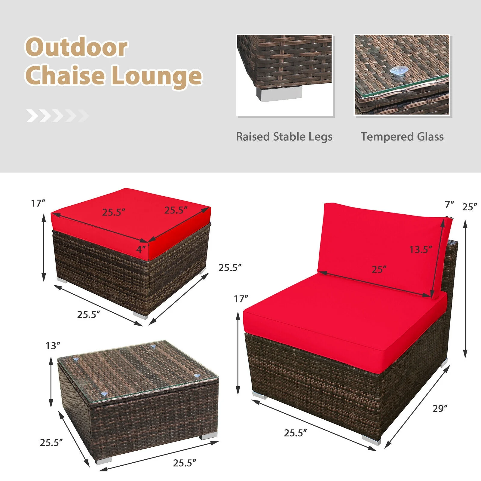 5-Piece Patio Rattan Furniture Set, Cushioned Armless Sofa, Red - Image 6