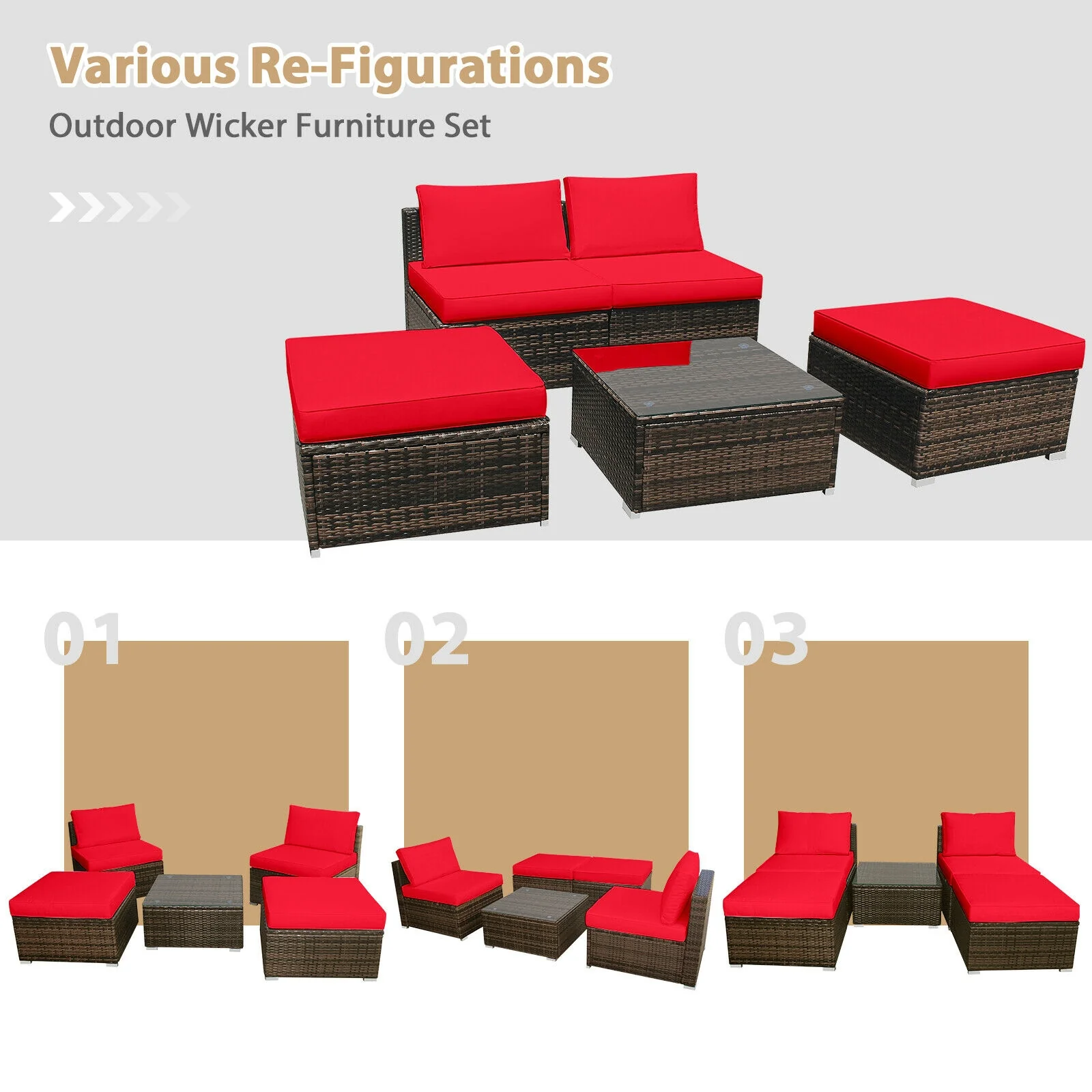 5-Piece Patio Rattan Furniture Set, Cushioned Armless Sofa, Red - Image 7
